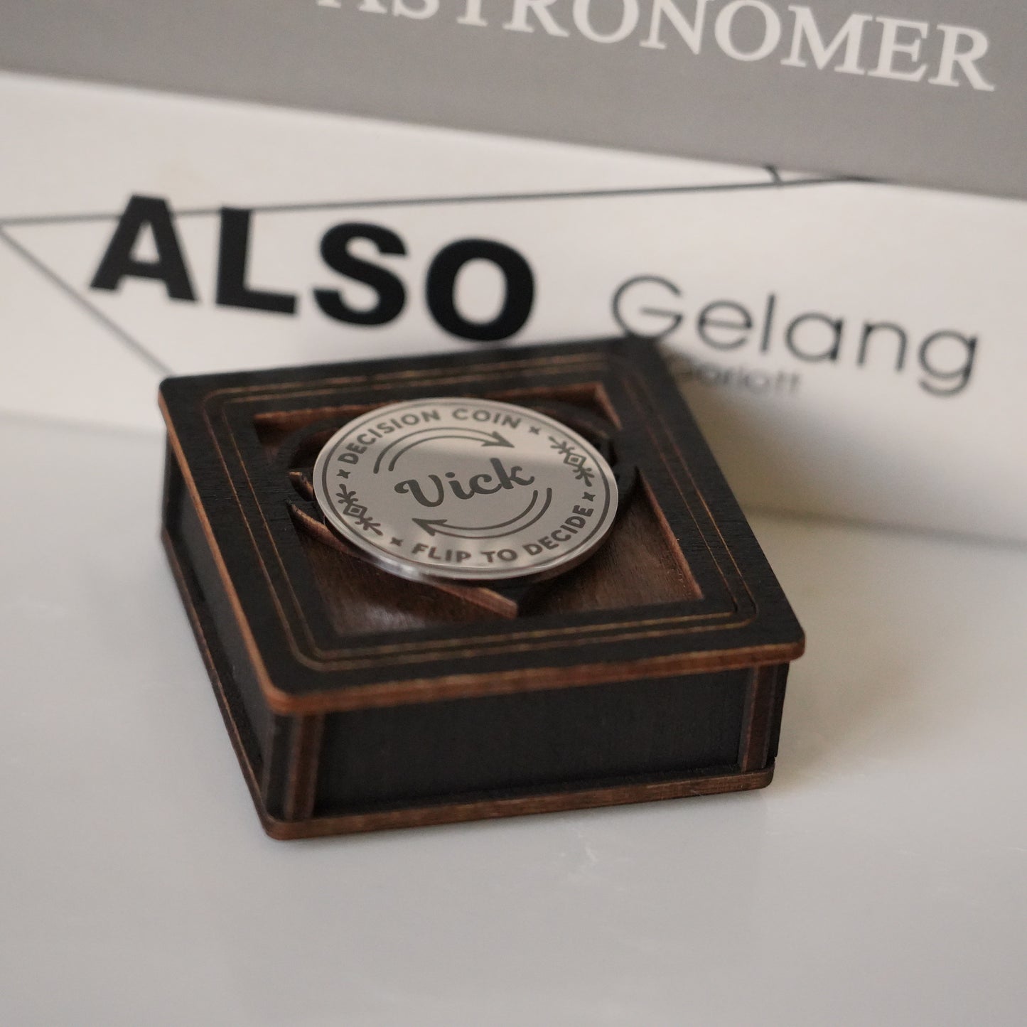 Personalized Modern Decision Coin With Wooden Box,Custom Engraved Brass Coin for Him or Her, Flip To Decide Coin Couples Coin