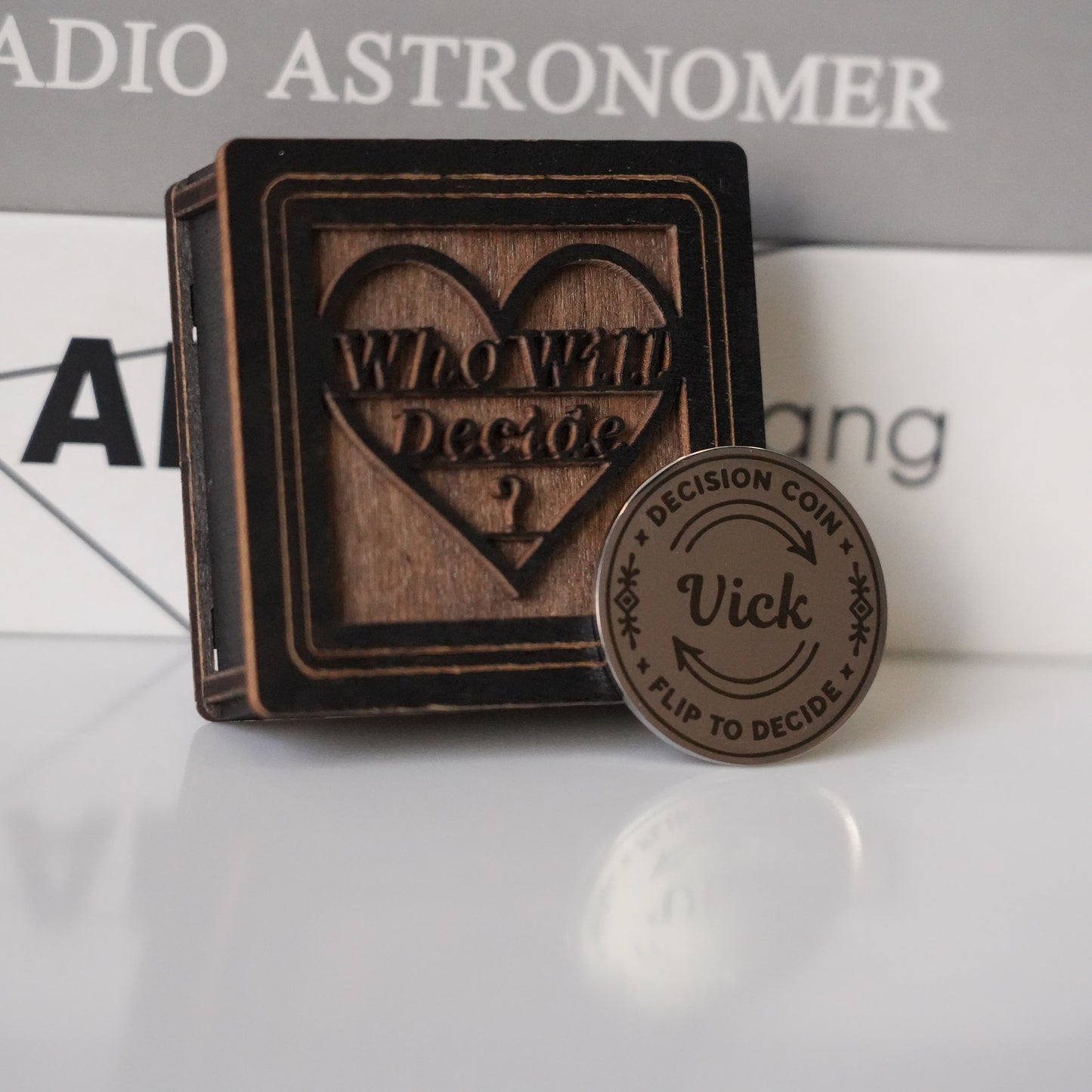 Personalized Modern Decision Coin With Wooden Box,Custom Engraved Brass Coin for Him or Her, Flip To Decide Coin Couples Coin