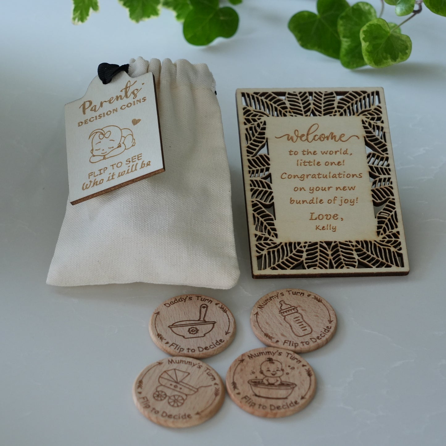 Personalized Baby Decision Coin With Bag,Engraved Parent Gift,New Mum Baby shower,Decision Flip Coin,New Baby Gift,Wooden Decision Maker