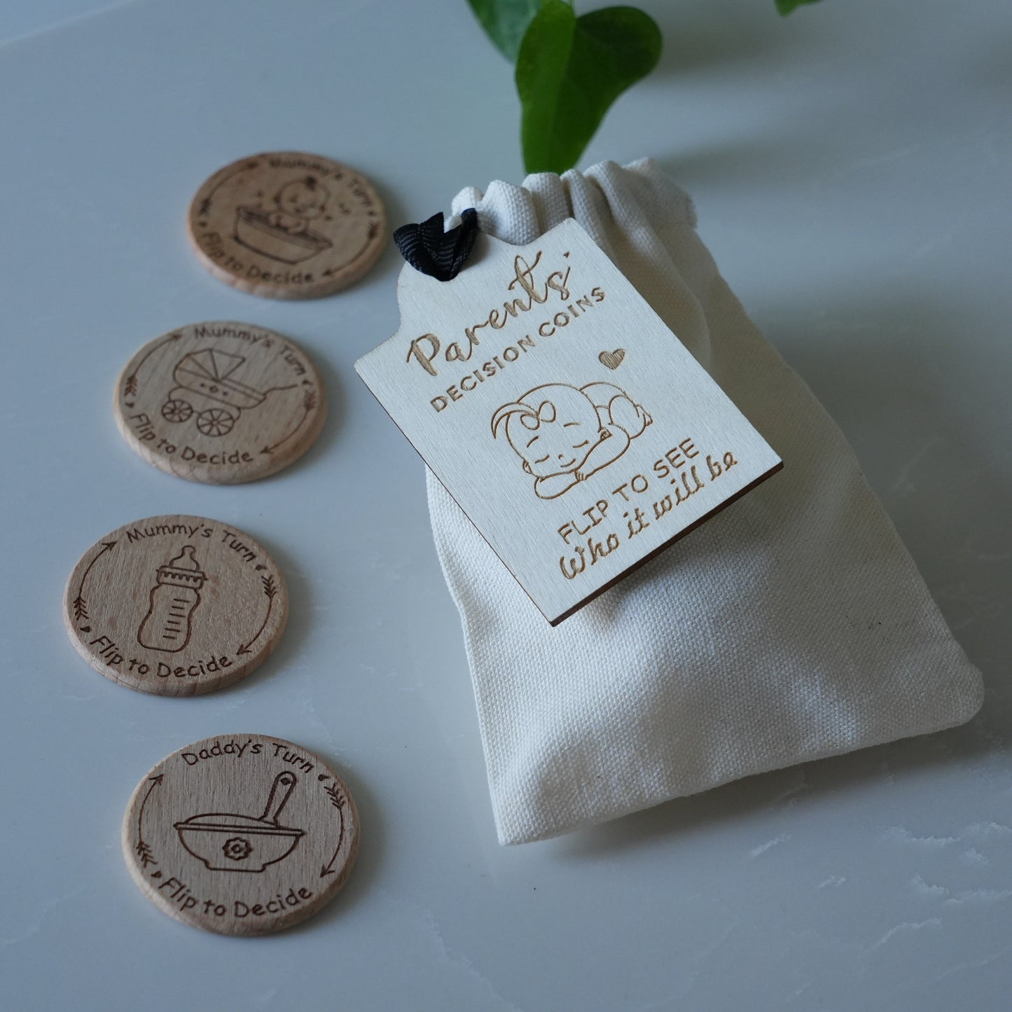 Personalized Baby Decision Coin With Bag,Engraved Parent Gift,New Mum Baby shower,Decision Flip Coin,New Baby Gift,Wooden Decision Maker