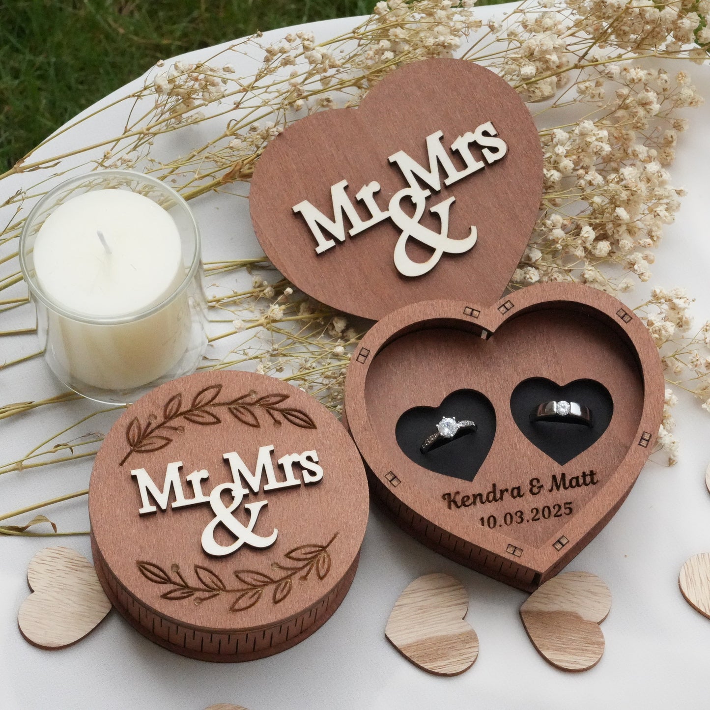 Custom Ring Box,Wooden Wedding Ring Box,Round And Heart Ring Bearer, Proposal &Anniversary Gift, Wedding Ceremony Ring Holder
