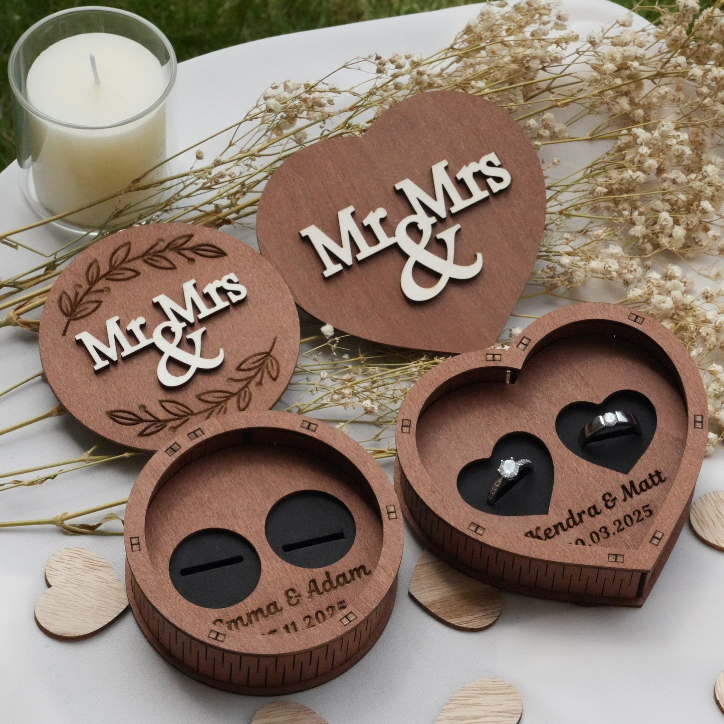 Custom Ring Box,Wooden Wedding Ring Box,Round And Heart Ring Bearer, Proposal &Anniversary Gift, Wedding Ceremony Ring Holder