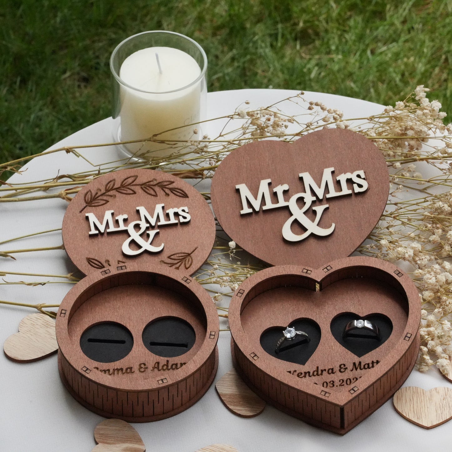 Custom Ring Box,Wooden Wedding Ring Box,Round And Heart Ring Bearer, Proposal &Anniversary Gift, Wedding Ceremony Ring Holder