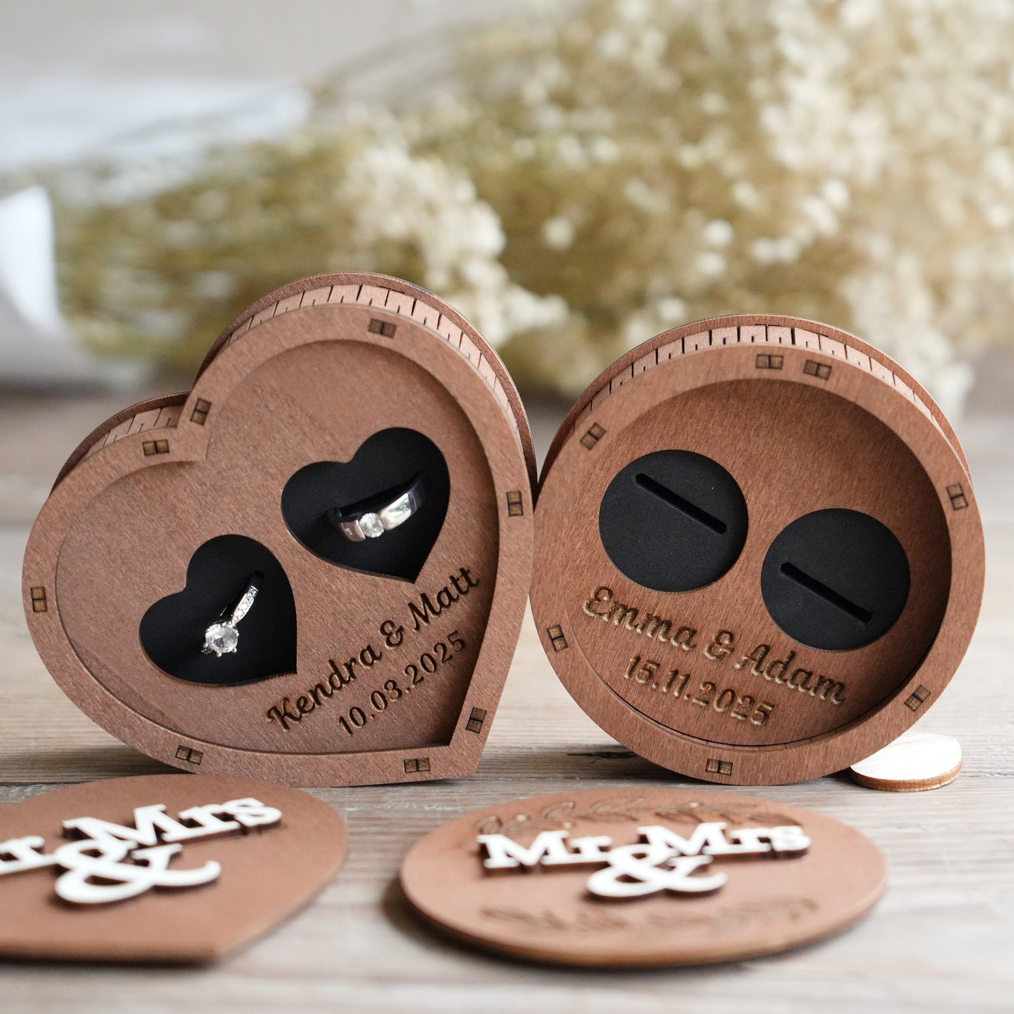 Custom Ring Box,Wooden Wedding Ring Box,Round And Heart Ring Bearer, Proposal &Anniversary Gift, Wedding Ceremony Ring Holder