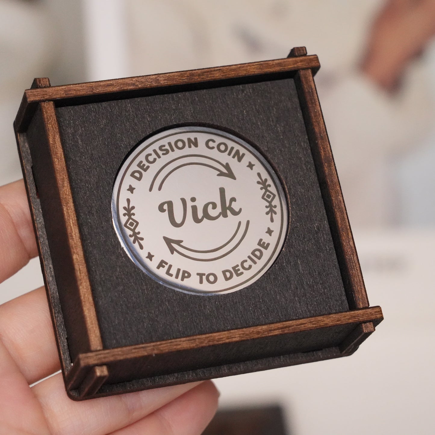 Personalized Modern Decision Coin With Wooden Box,Custom Engraved Brass Coin for Him or Her, Flip To Decide Coin Couples Coin