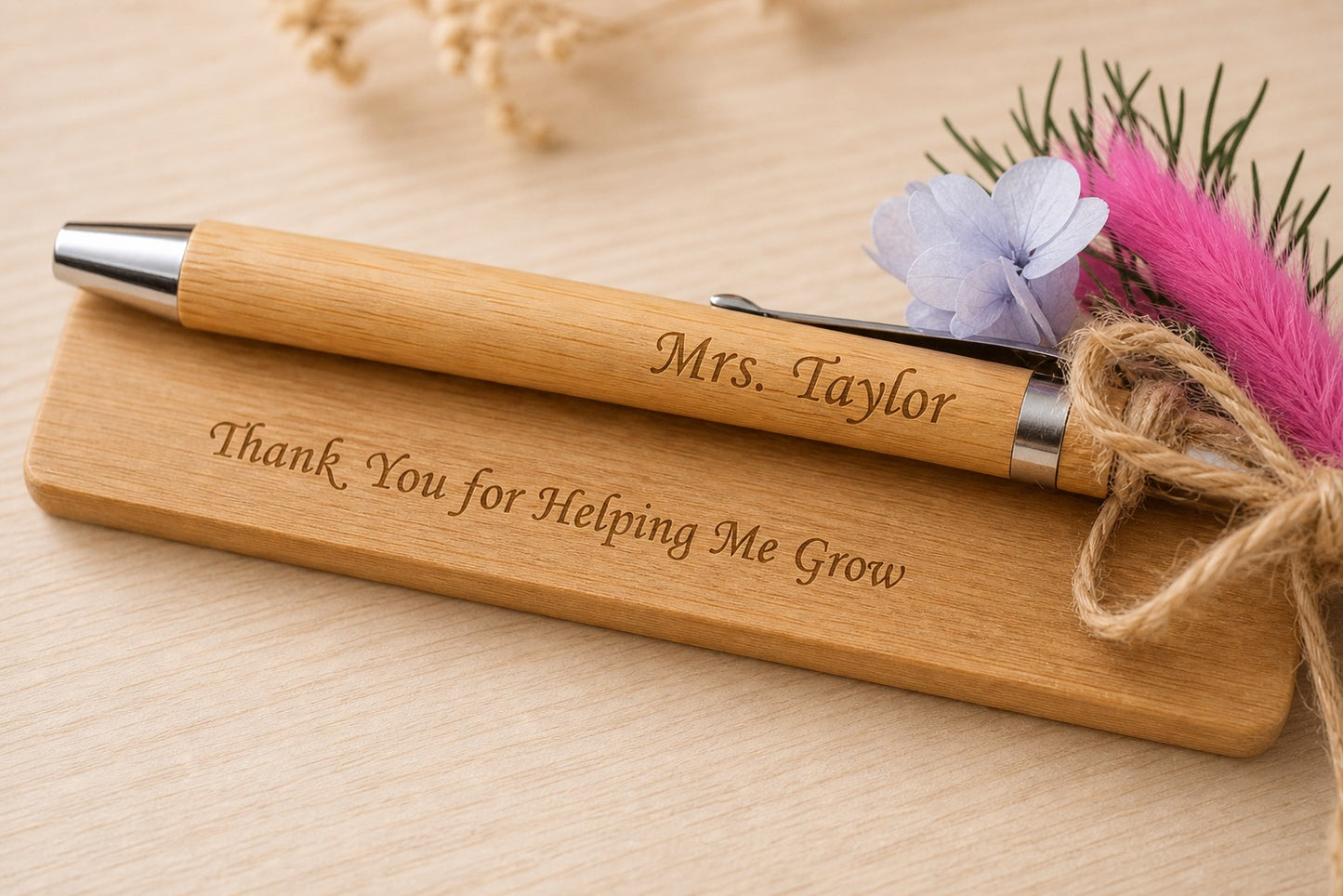 Custom Engraved Wooden Writing Set | Personalized  Pen & Bookmark, Teacher Thank You Gift  "Thank You for Helping Me Grow", Ready Gift Box