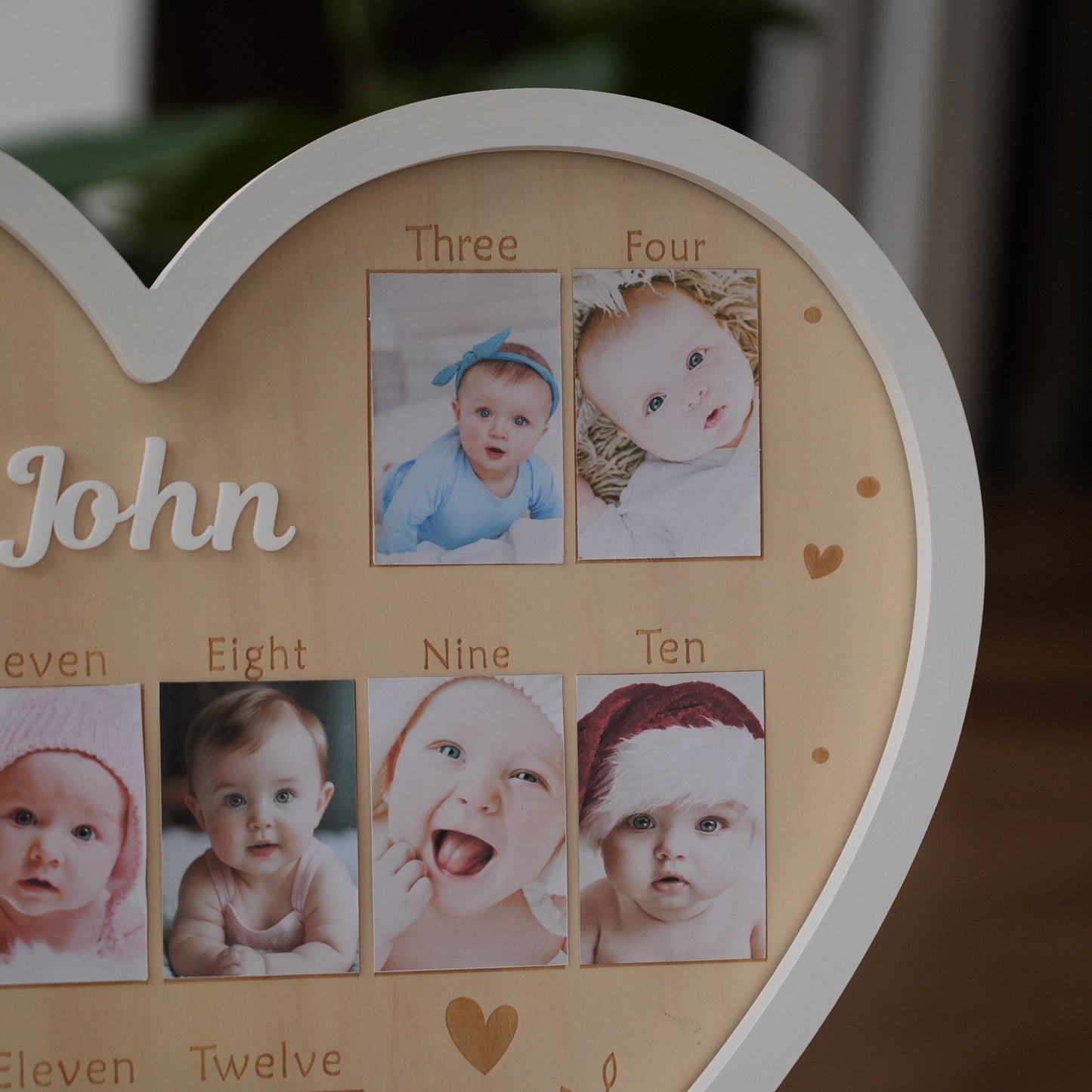 Personalized Baby 12 Monthly Photo Frame,Wooden Heart Photo Frame,Monthly Newborn Pictures, Wall Hanging,Baby First Year Picture Frame