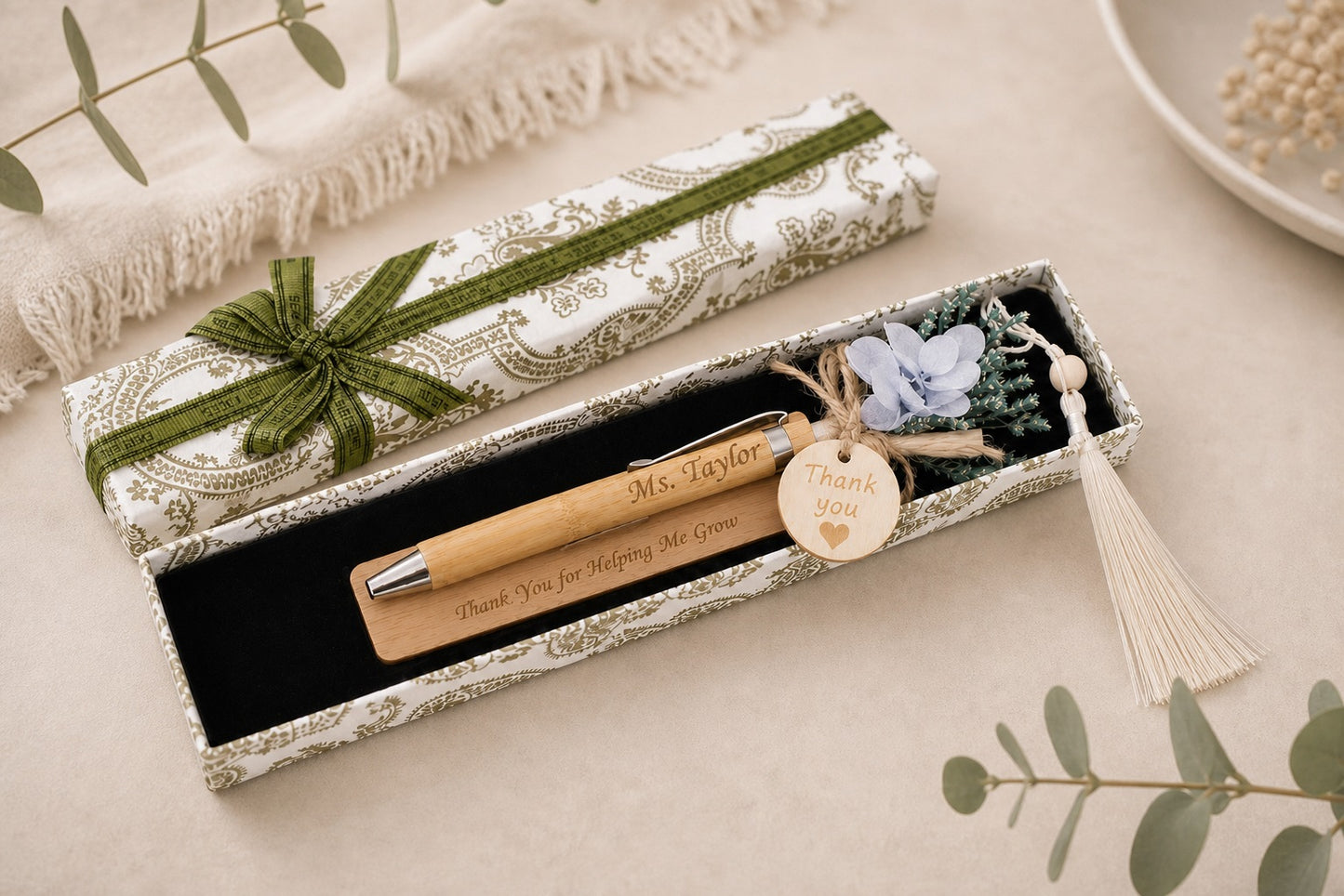 Custom Engraved Wooden Writing Set | Personalized  Pen & Bookmark, Teacher Thank You Gift  "Thank You for Helping Me Grow", Ready Gift Box