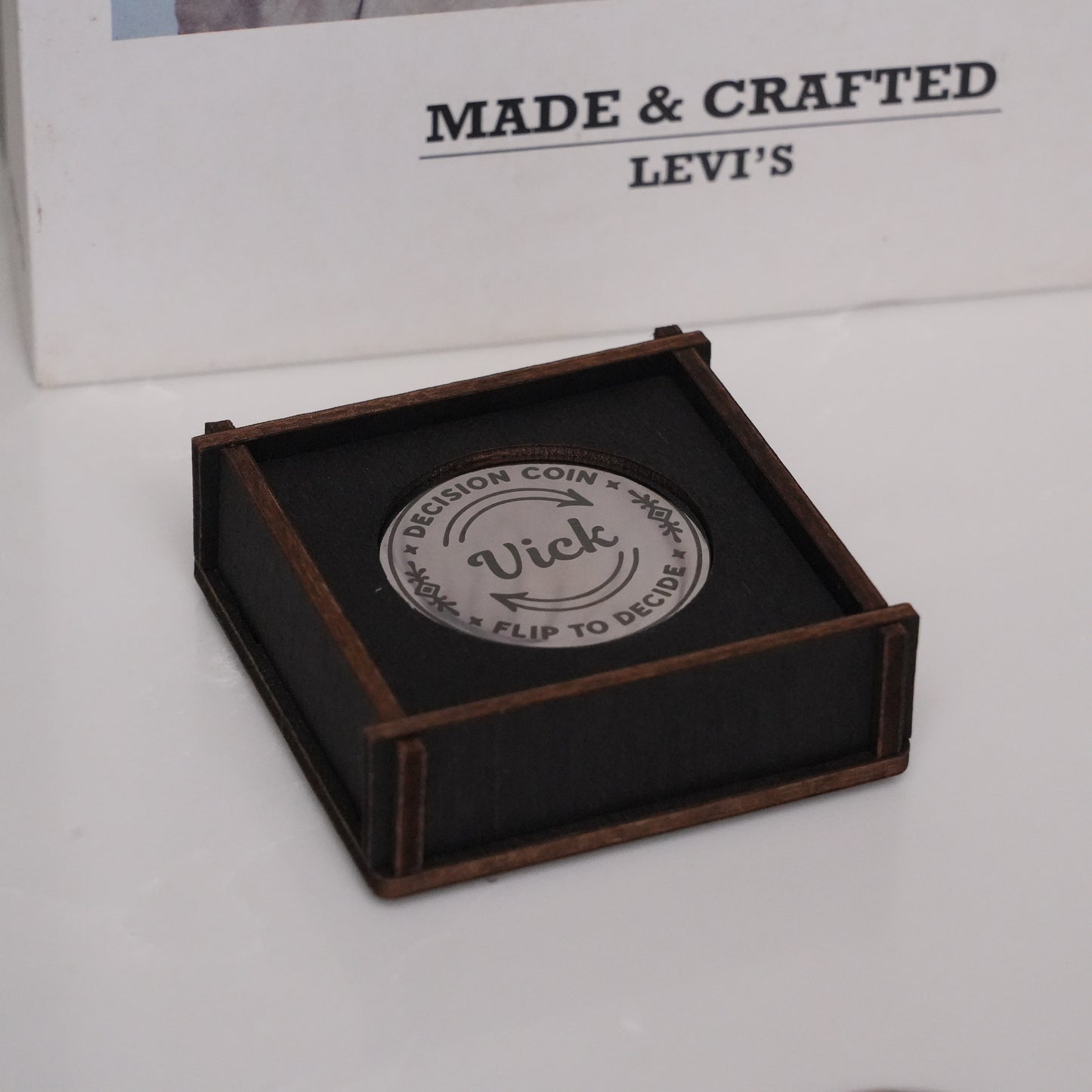 Personalized Modern Decision Coin With Wooden Box,Custom Engraved Brass Coin for Him or Her, Flip To Decide Coin Couples Coin