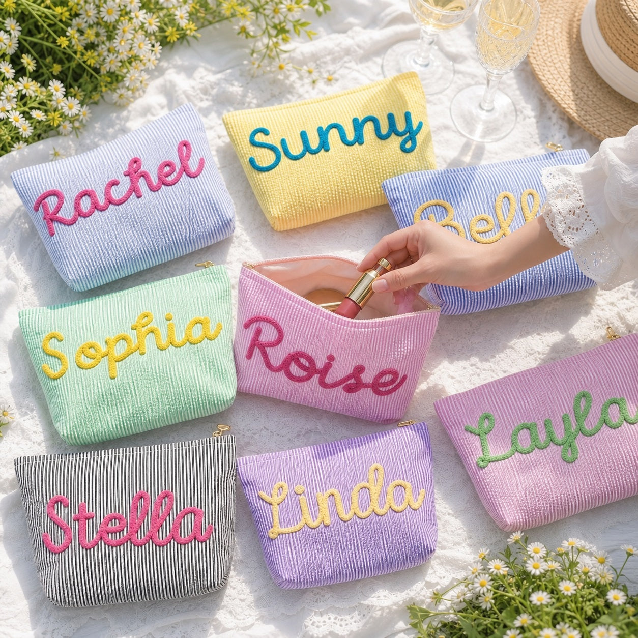 Custom Makeup Bag,Seersucker Cosmetic Pouch, Chenille Name Makeup Bag,Bag For Travelling, Gifts For Girlfriend