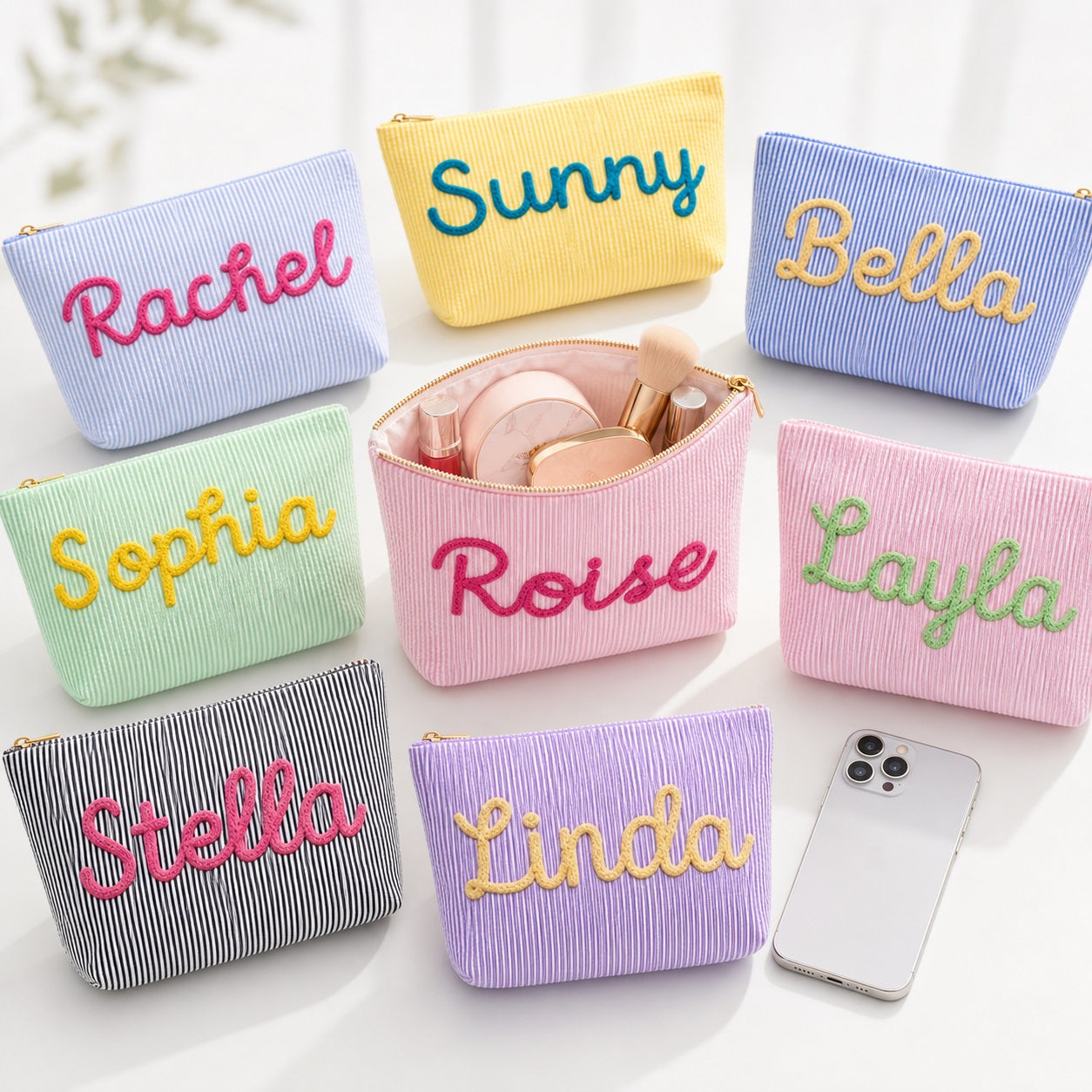 Custom Makeup Bag,Seersucker Cosmetic Pouch, Chenille Name Makeup Bag,Bag For Travelling, Gifts For Girlfriend