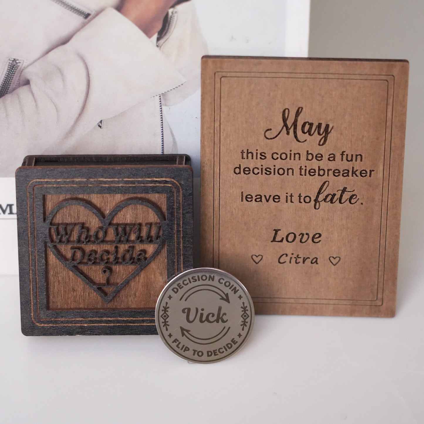 Personalized Modern Decision Coin With Wooden Box,Custom Engraved Brass Coin for Him or Her, Flip To Decide Coin Couples Coin