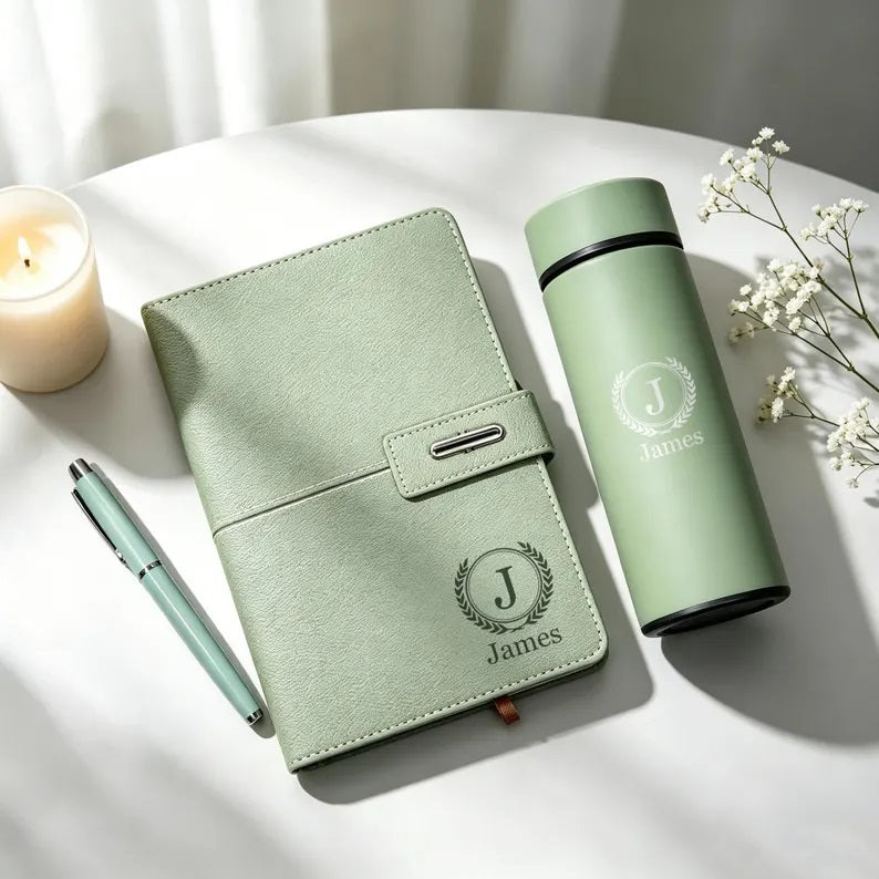 Custom Engraved Leather Notebook & Matching Pen Set,  Personalized End of Year Teacher Thank You Gift, Custom  Graduation Keepsake