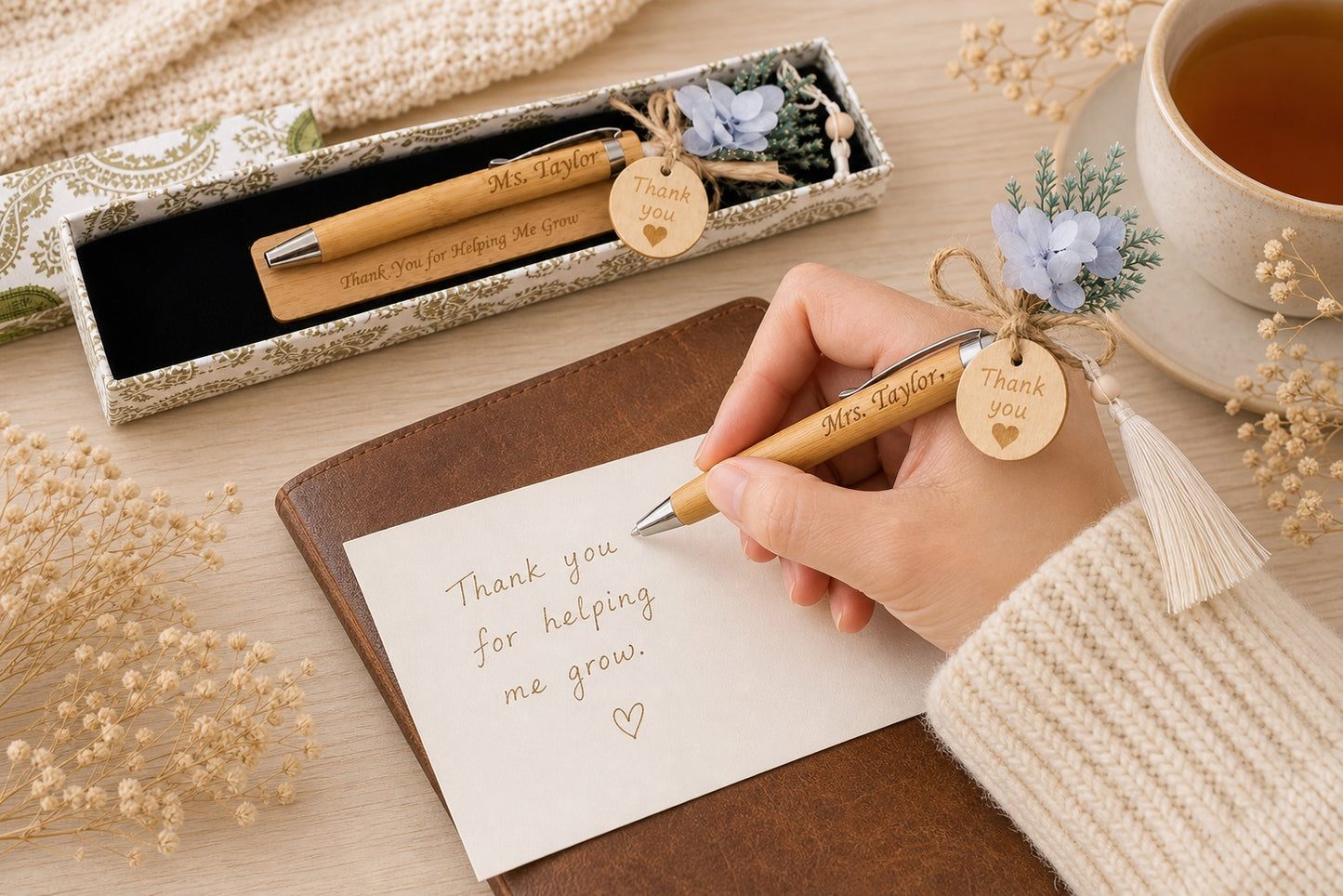 Custom Engraved Wooden Writing Set | Personalized  Pen & Bookmark, Teacher Thank You Gift  "Thank You for Helping Me Grow", Ready Gift Box
