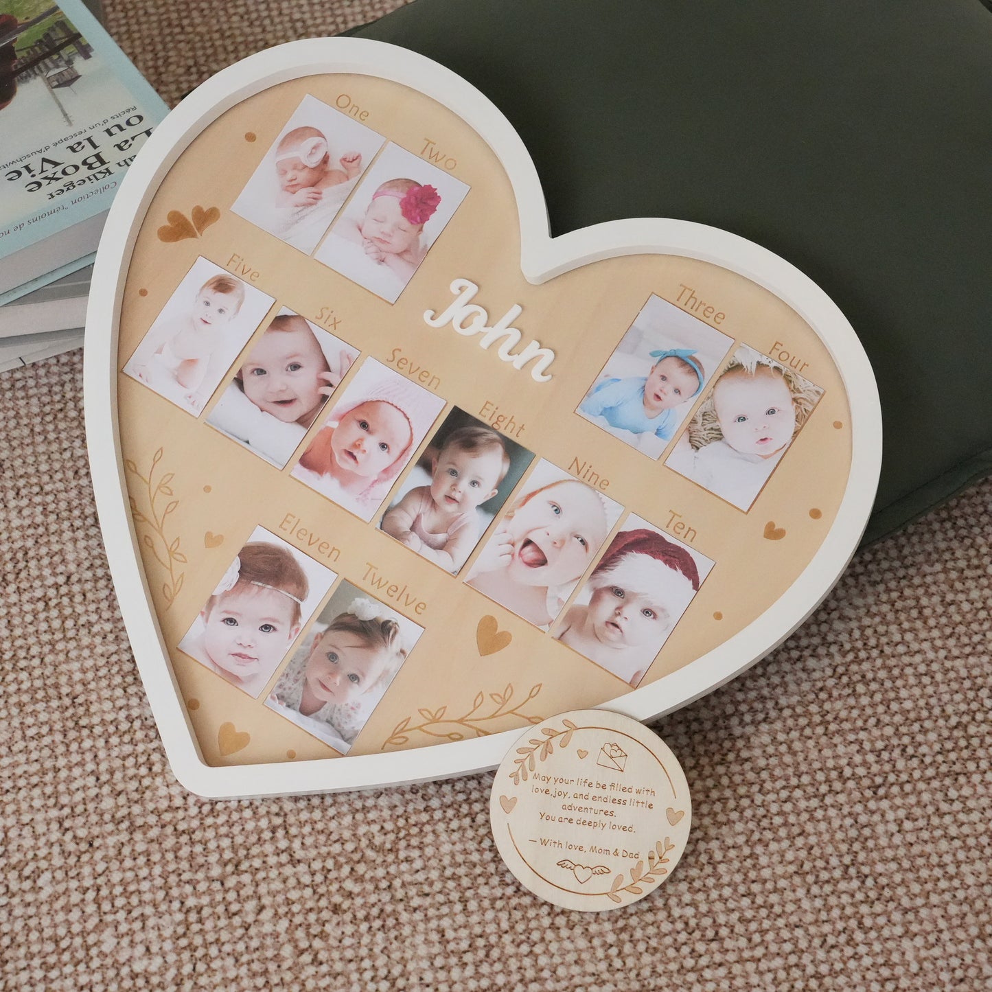 Personalized Baby 12 Monthly Photo Frame,Wooden Heart Photo Frame,Monthly Newborn Pictures, Wall Hanging,Baby First Year Picture Frame