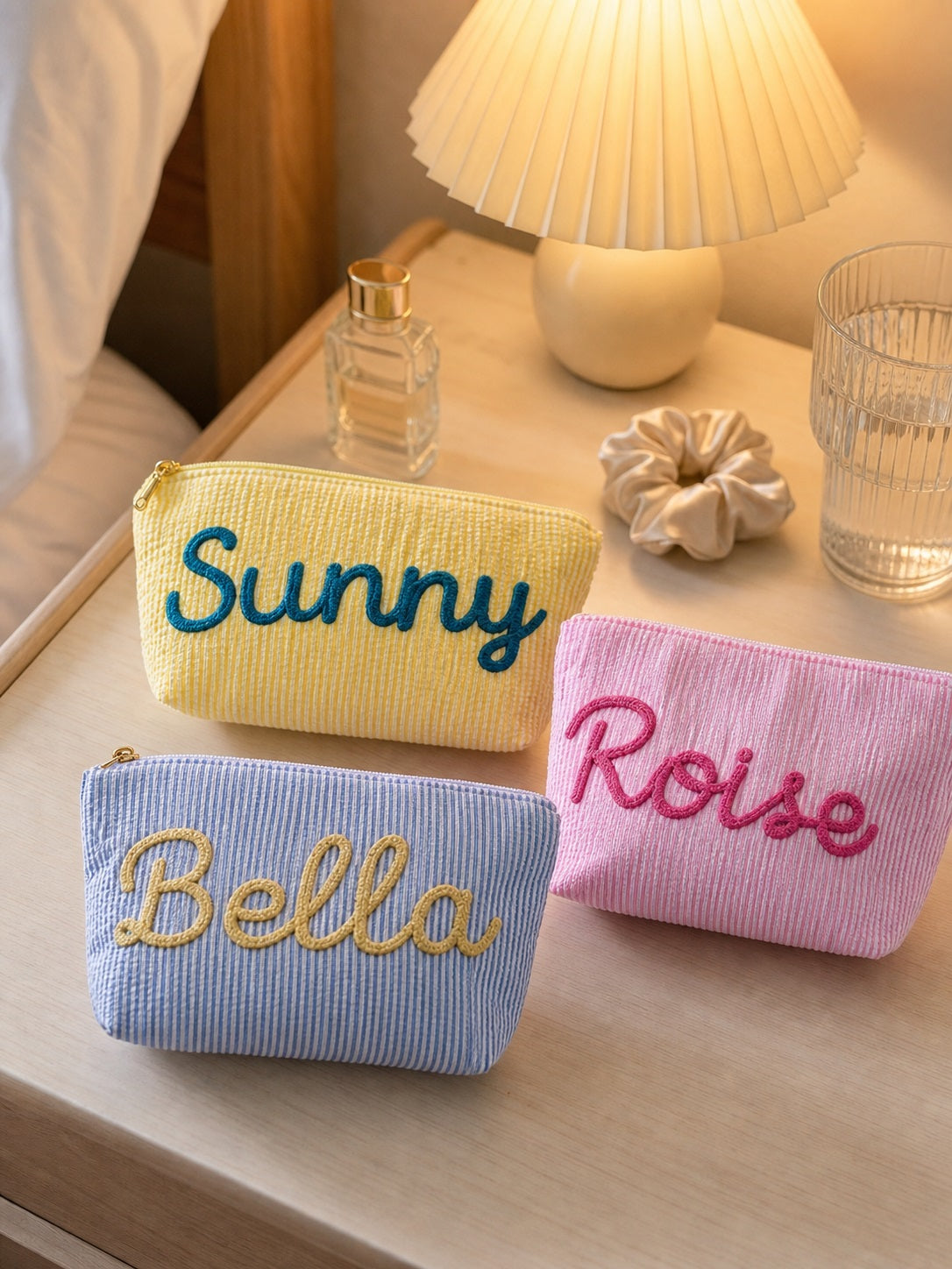 Custom Makeup Bag,Seersucker Cosmetic Pouch, Chenille Name Makeup Bag,Bag For Travelling, Gifts For Girlfriend