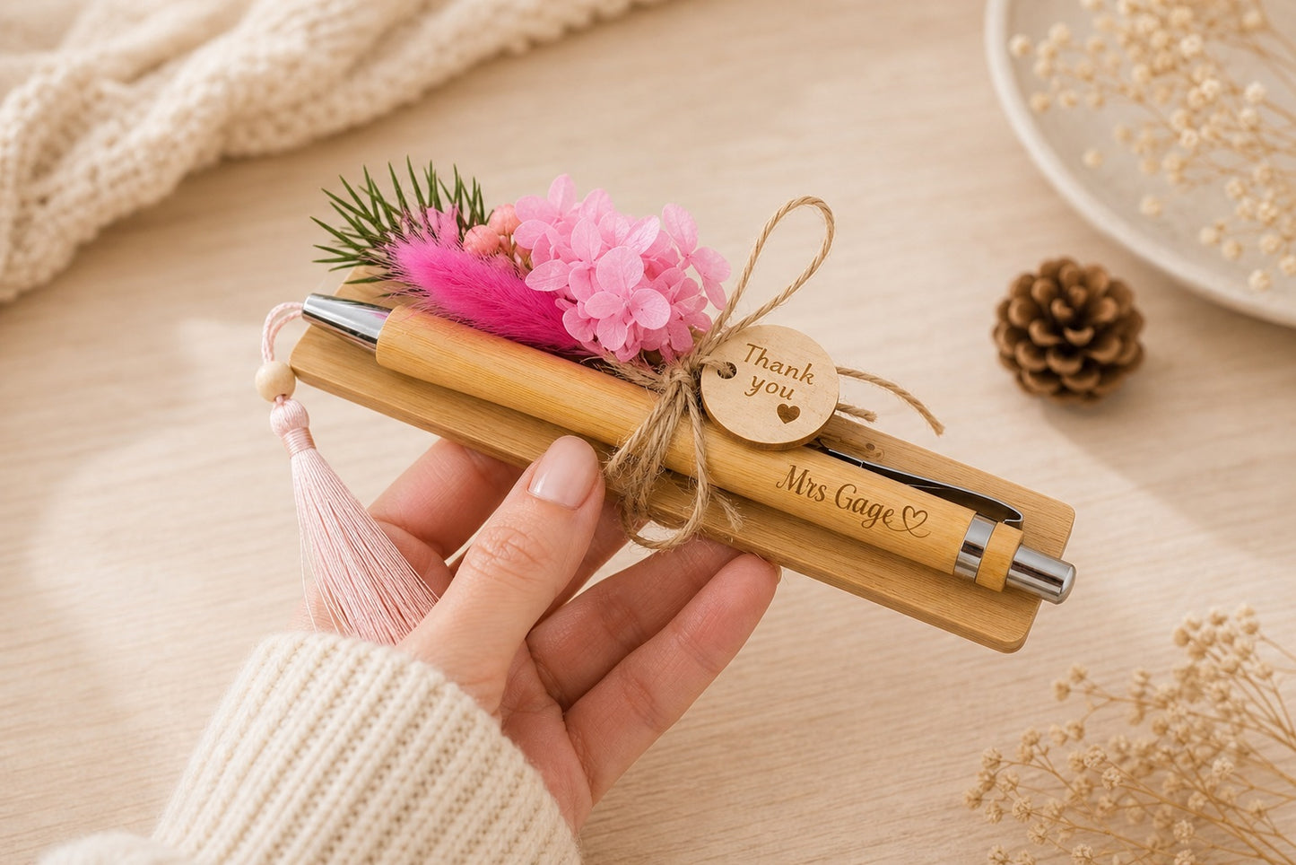 Custom Engraved Wooden Writing Set | Personalized  Pen & Bookmark, Teacher Thank You Gift  "Thank You for Helping Me Grow", Ready Gift Box