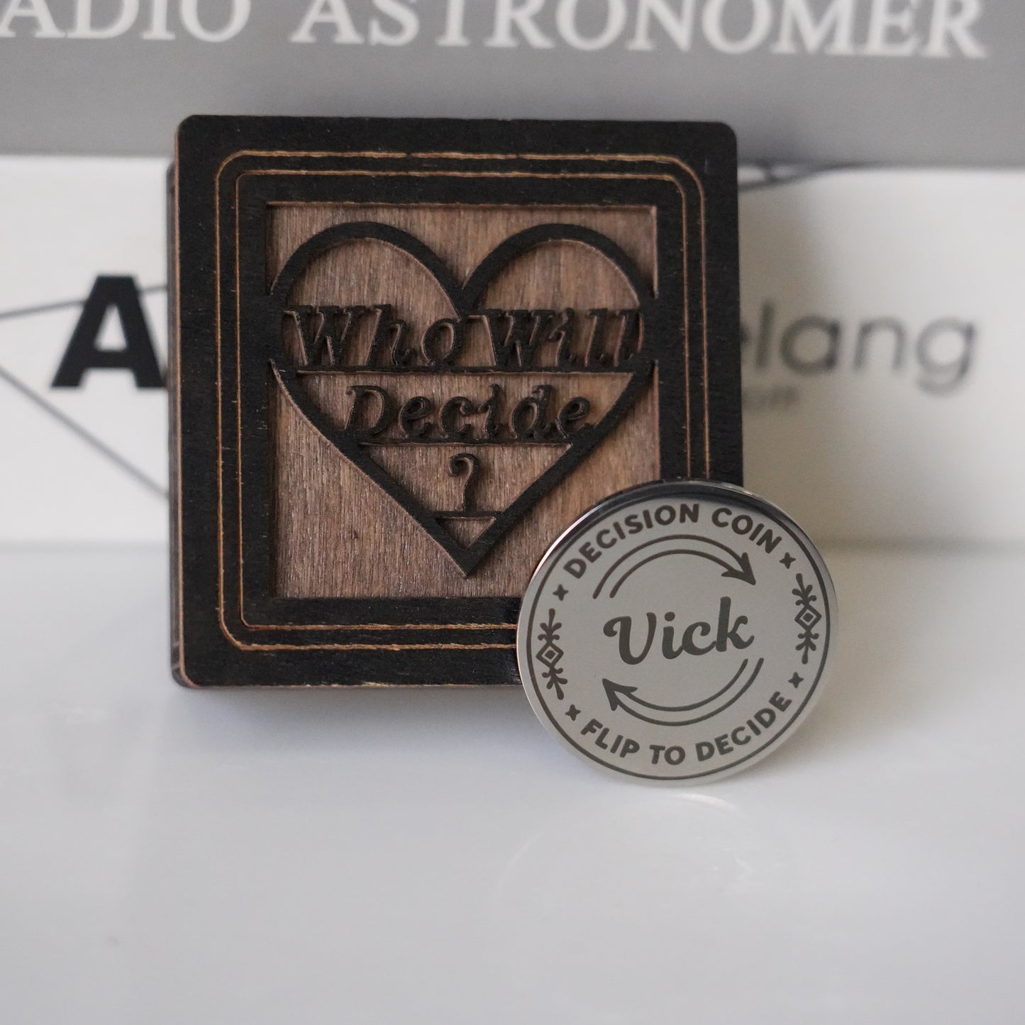 Personalized Modern Decision Coin With Wooden Box,Custom Engraved Brass Coin for Him or Her, Flip To Decide Coin Couples Coin