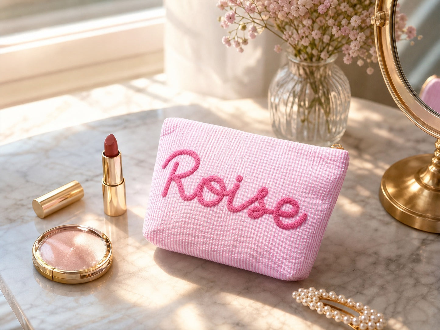 Custom Makeup Bag,Seersucker Cosmetic Pouch, Chenille Name Makeup Bag,Bag For Travelling, Gifts For Girlfriend
