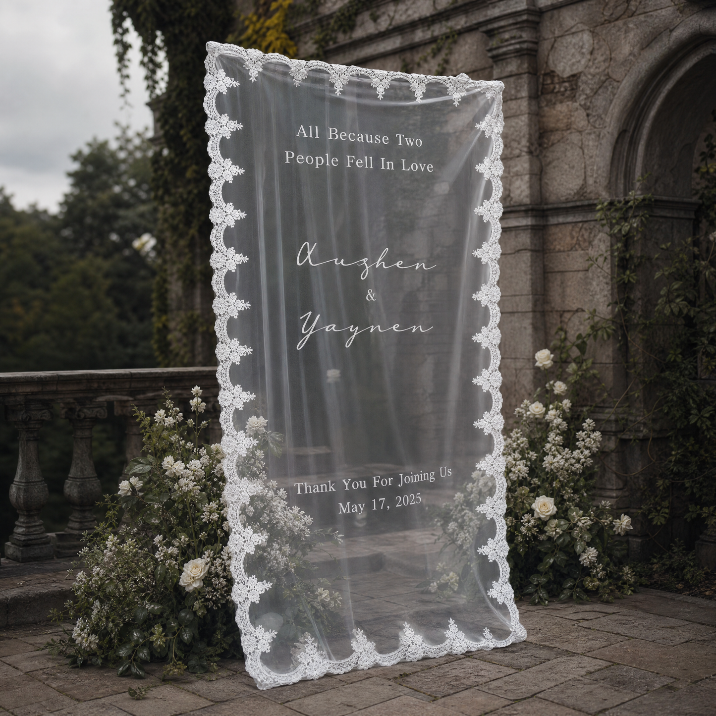 Custom Fabric Welcome Sign, Vintage Tulle Wedding Banner, Dusty Blue Wedding Welcome Sign for Bridal Shower & Engagement Party