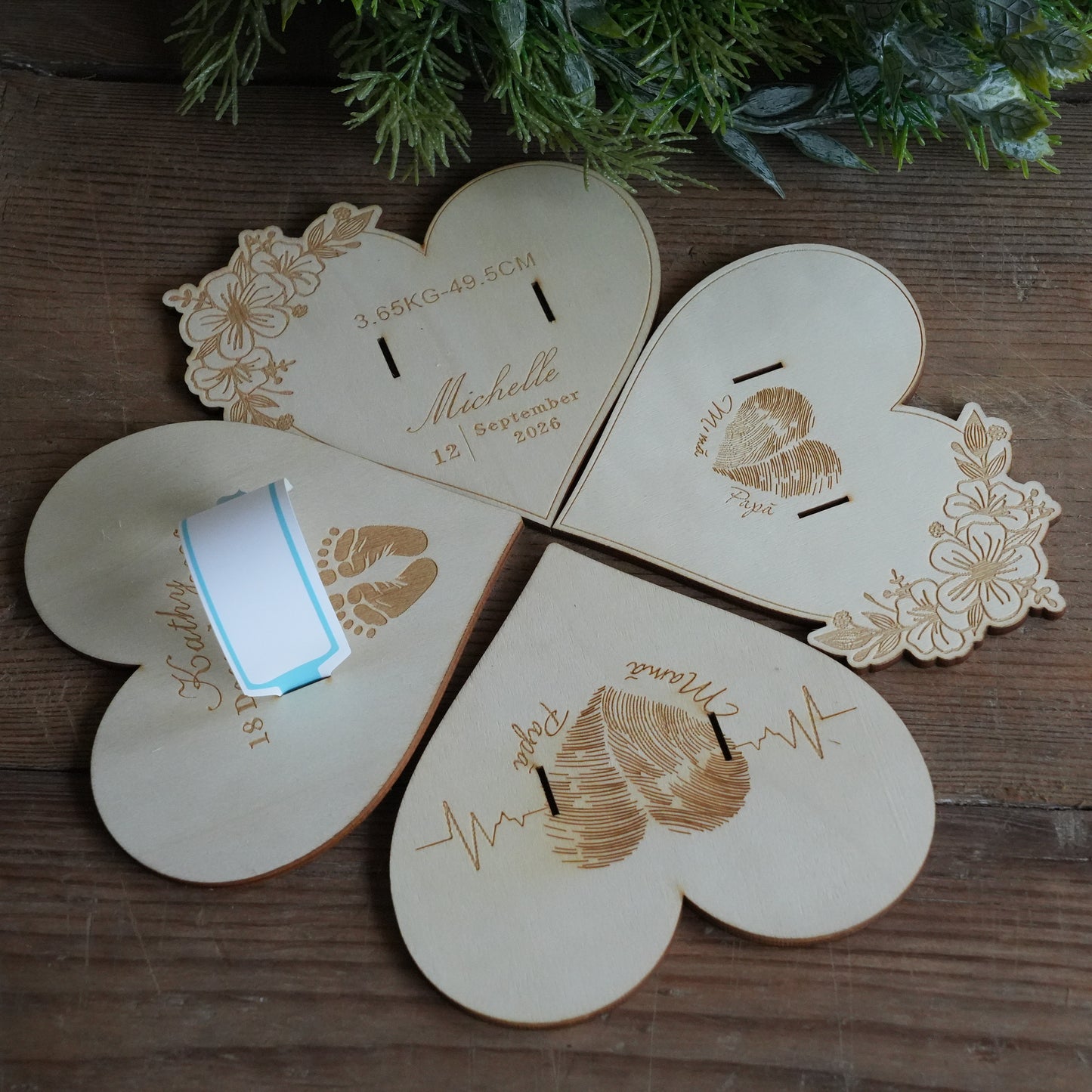 Personalized Baby Maternity Bracelet Holder, Wooden Heart Keepsake,Souvenir For Birth,Birth Gift Idea, Baby Information Support,Newborn Photo Souvenir