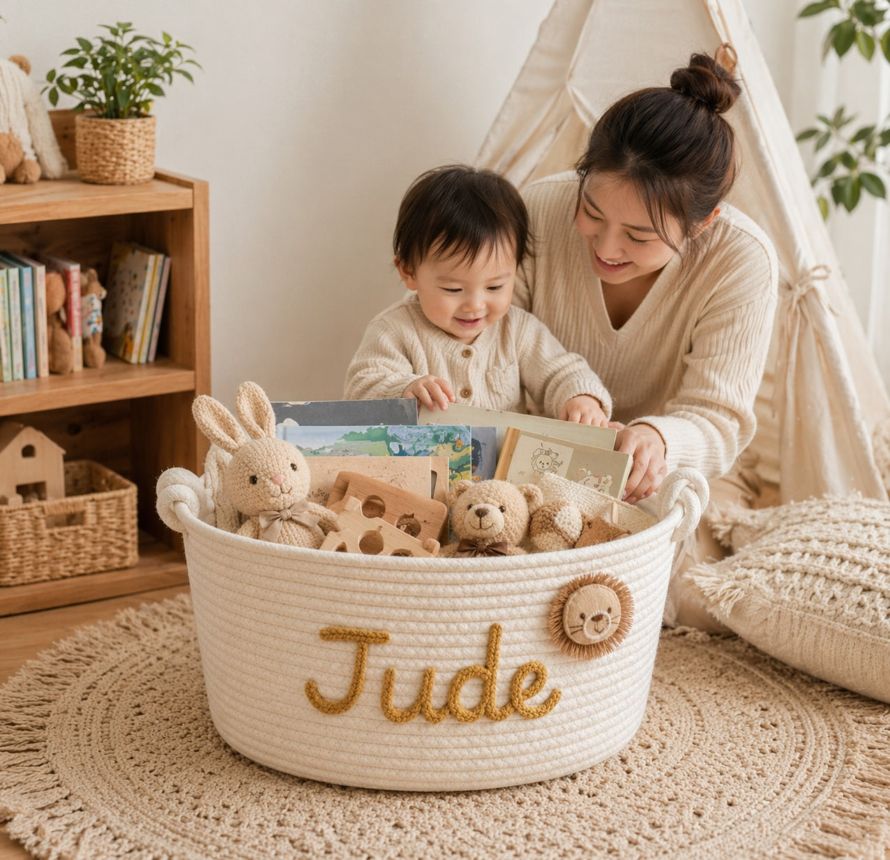 Personalized Rope Baby Storage Basket,  Custom Nursery Organizer Bin, Baby Shower  Gift Basket for Neutral Nursery Decor