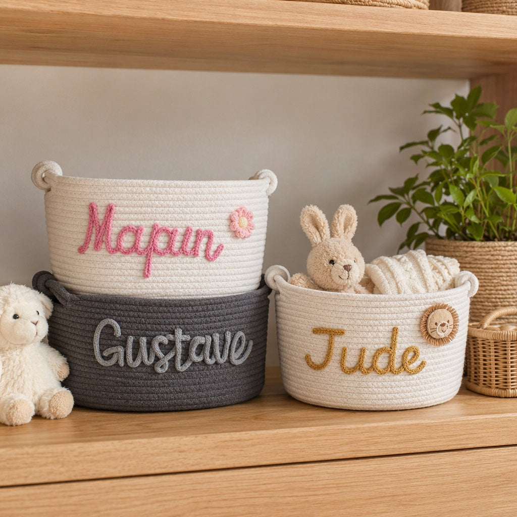 Personalized Rope Baby Storage Basket,  Custom Nursery Organizer Bin, Baby Shower  Gift Basket for Neutral Nursery Decor