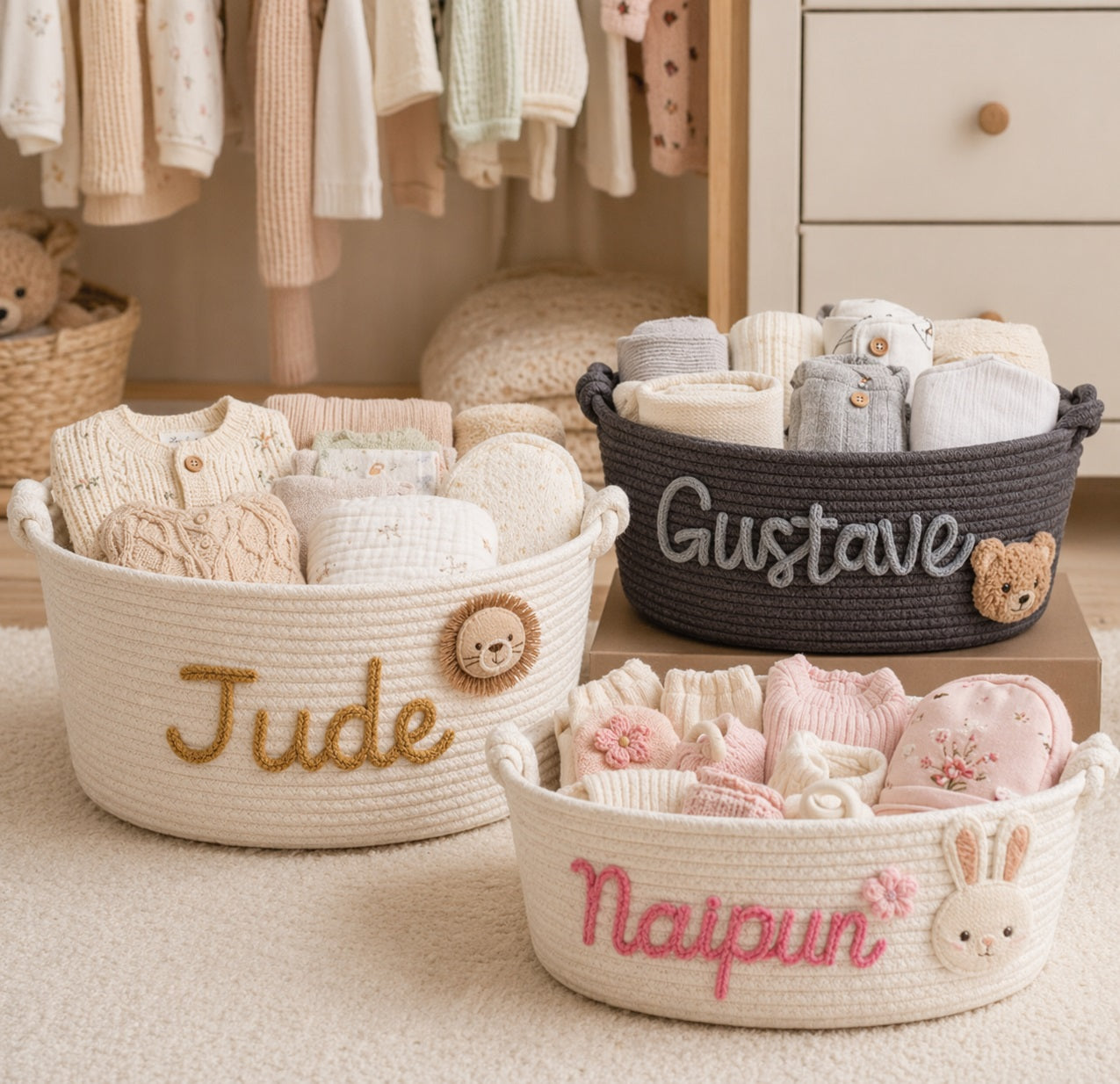 Personalized Rope Baby Storage Basket,  Custom Nursery Organizer Bin, Baby Shower  Gift Basket for Neutral Nursery Decor