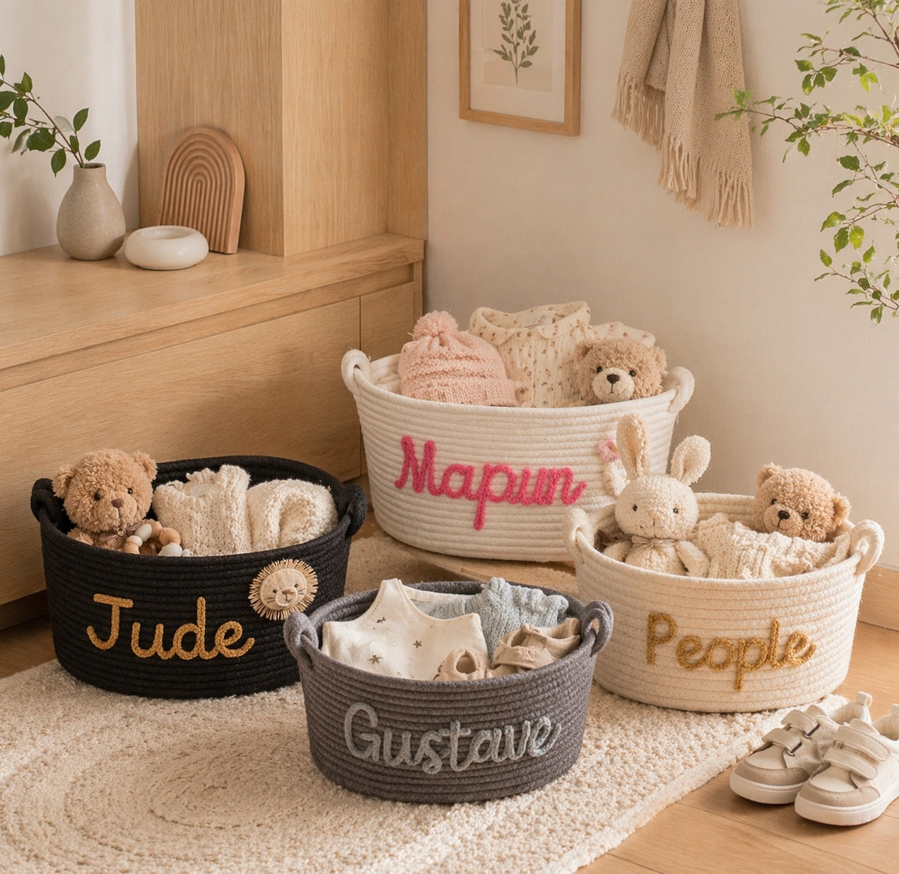 Personalized Rope Baby Storage Basket,  Custom Nursery Organizer Bin, Baby Shower  Gift Basket for Neutral Nursery Decor