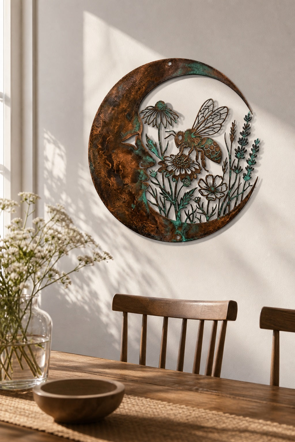 Crescent Moon & Bee Metal Wall Sign,  Wildflower Floral Garden Art, Rustic Weatherproof  Outdoor Hanging Wall Decor for Patio Yard Porch