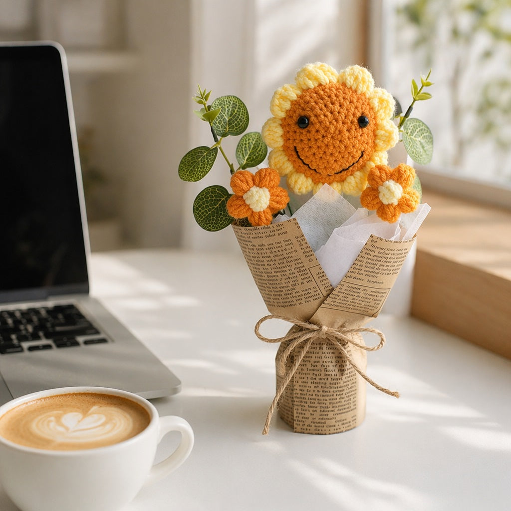 Crochet Flower Bouquet, Hand-Knit Floral Keepsake,  Thoughtful Thank You & Teacher Appreciation Present,  Adorable Long-Lasting Desk Decor