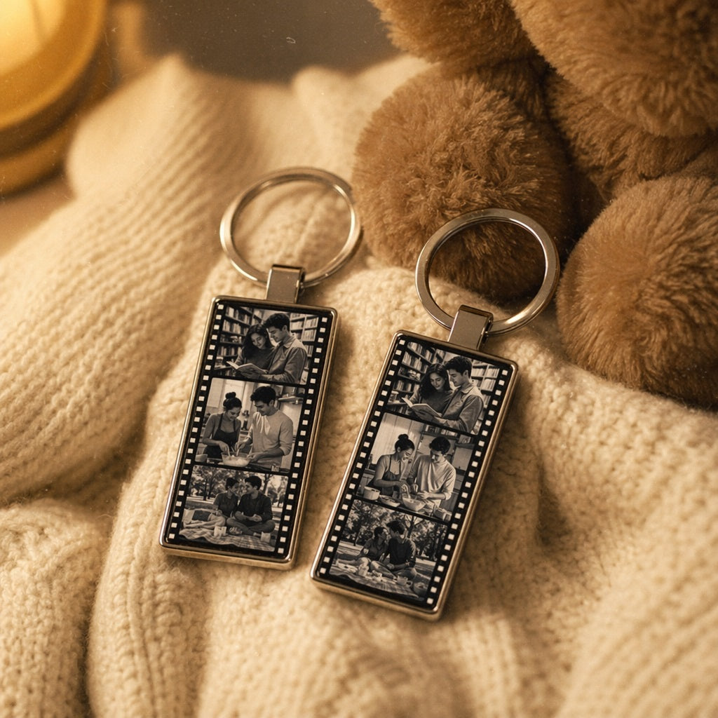Personalized Film Strip Photo Keychain,  Custom Metal Photo Booth Keyring, Sentimental  Anniversary Keepsake, Romantic Couple Gift
