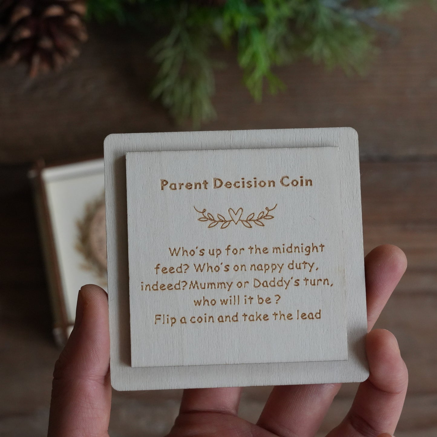 Custom Baby Decision Coin With Wooden Box And Card,New Parent Decision Coin,Baby Shower Gift, Fun Flip Token Gift For Parents