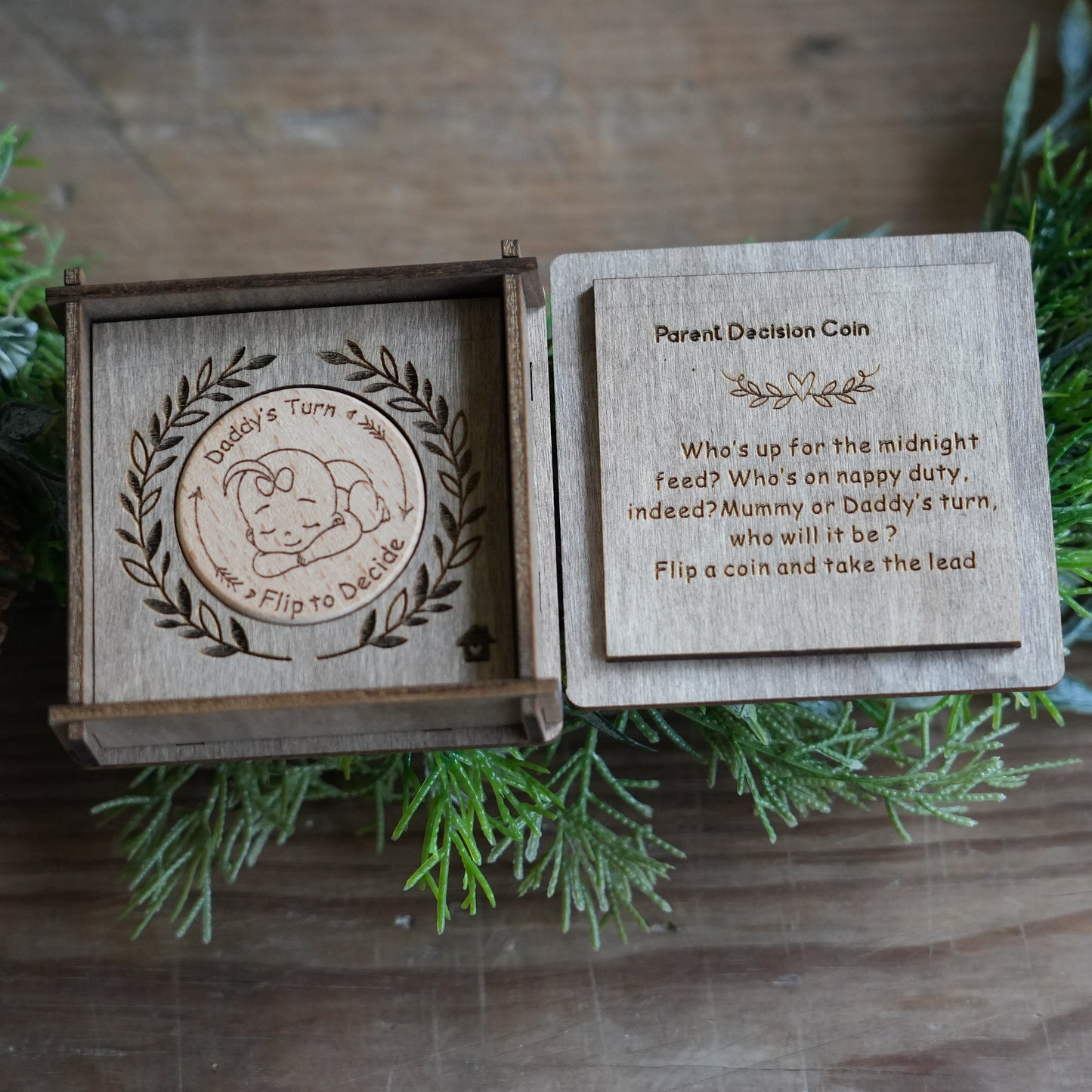 Personalized Baby Decision Coin With Wooden Box And Card,Wooden Coin,Engraved Parent Decision  Flip Coin,Baby Shower Gift