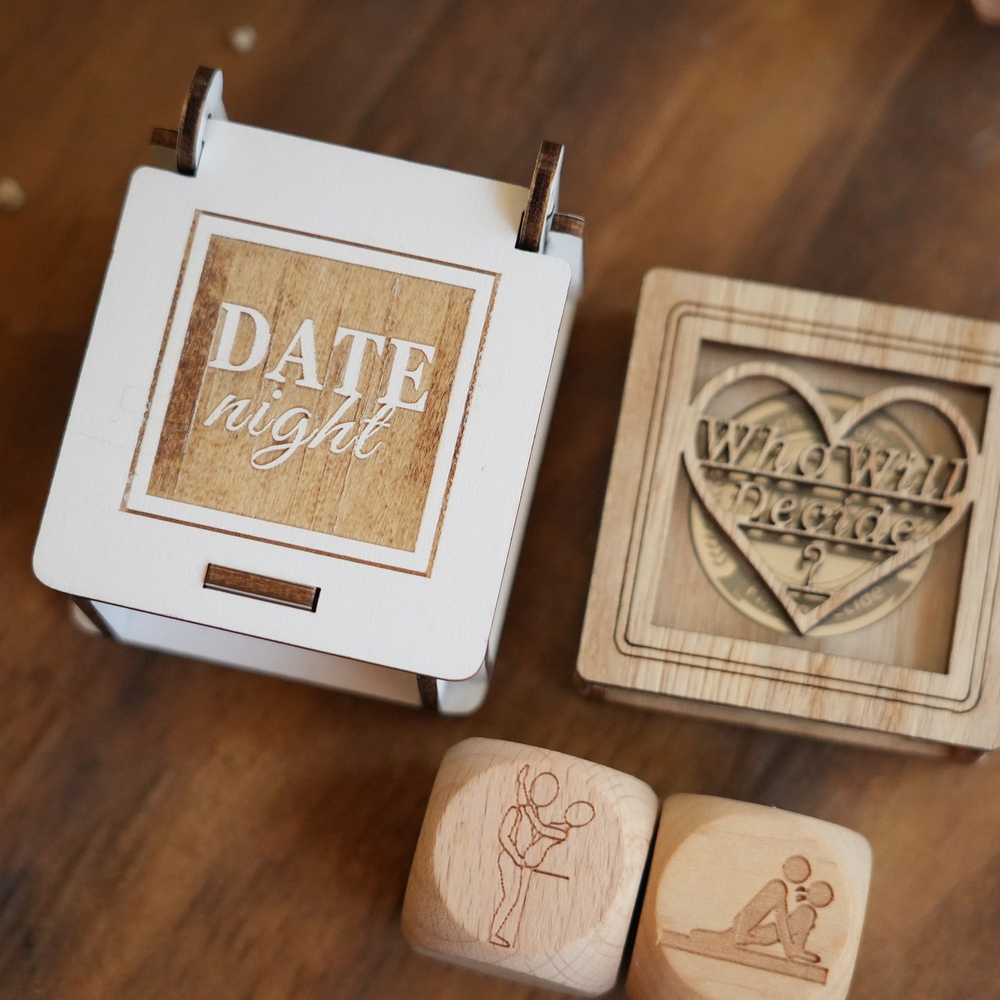 Personalized Decision Coin And Dice Set With Box,Wooden Dice And Metal Coin,Gift For Couple,Wedding Gift,Valentine Gift