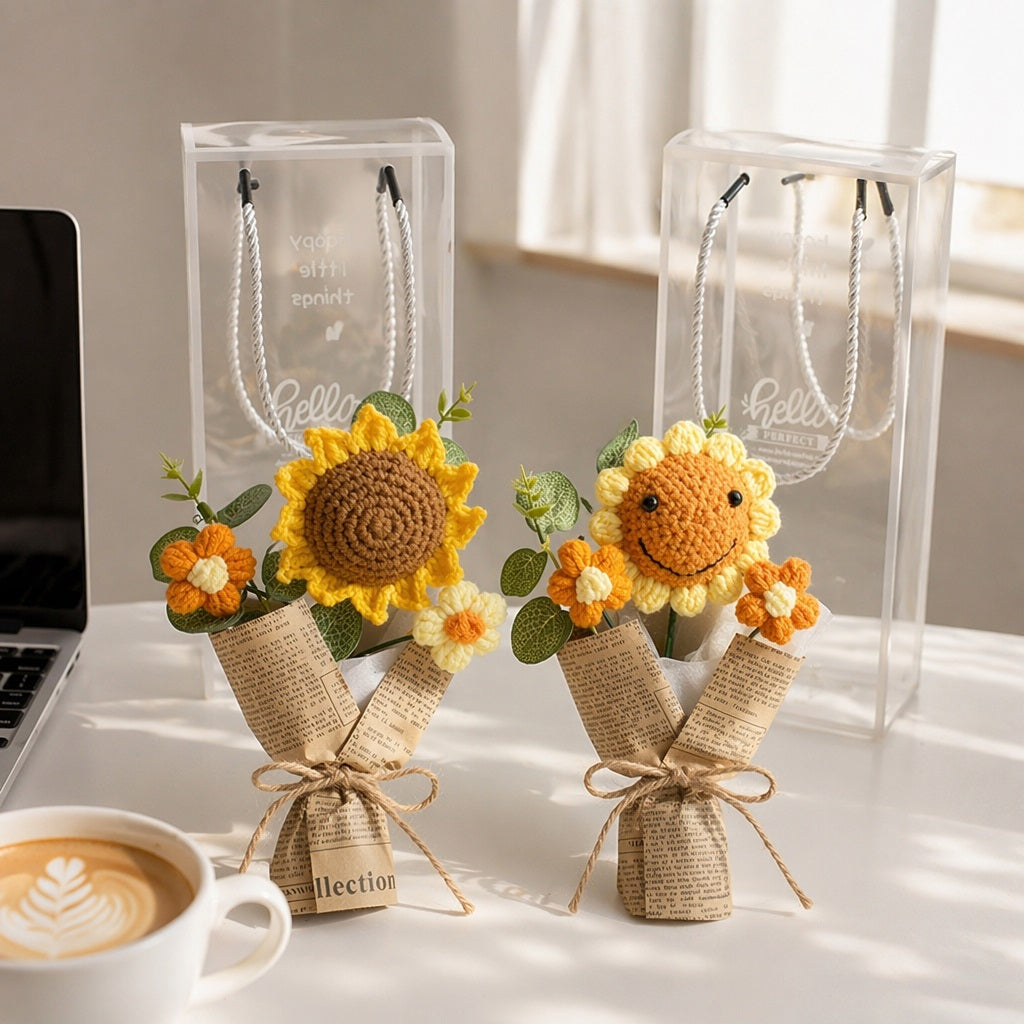 Crochet Flower Bouquet, Hand-Knit Floral Keepsake,  Thoughtful Thank You & Teacher Appreciation Present,  Adorable Long-Lasting Desk Decor