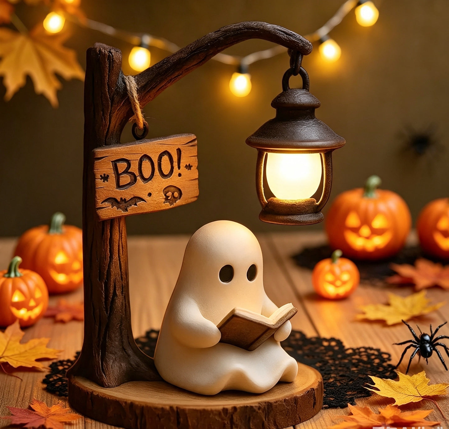 Ghost Reading Halloween Lantern Lamp,  Spooky Resin Desk Ornament, Warm Night Light,  Unique Gift for Book Lovers & Halloween Home Decor