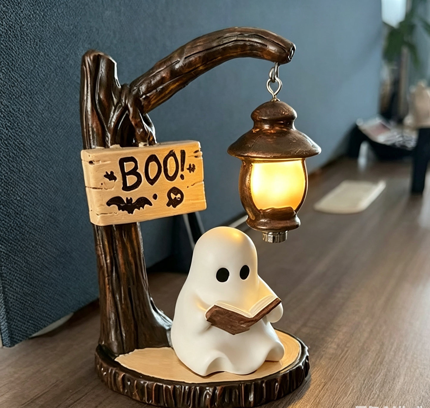 Ghost Reading Halloween Lantern Lamp,  Spooky Resin Desk Ornament, Warm Night Light,  Unique Gift for Book Lovers & Halloween Home Decor