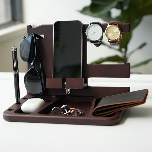 Personalized Wooden Phone Docking Station,Engraved Desk Organizer,Phone Stand,Men’s Gift,Docking Station for Cell Phone, Tablet, Wallet, Gadgets, Watch, Keys