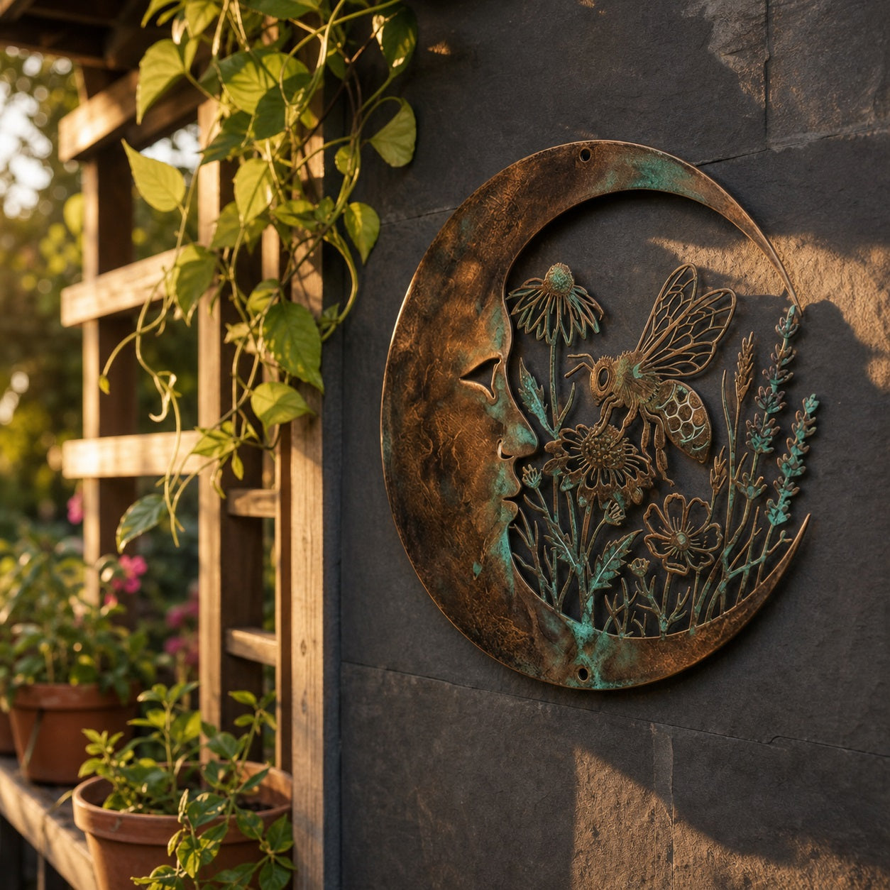 Crescent Moon & Bee Metal Wall Sign,  Wildflower Floral Garden Art, Rustic Weatherproof  Outdoor Hanging Wall Decor for Patio Yard Porch