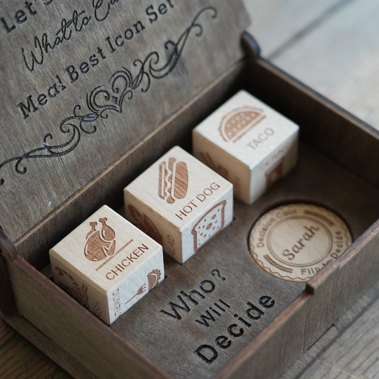 Personalized Decision Dice Set With Box,WoodenDice With Box,What To Eat Dice,Couples Dinner Idea Dice,12 Food Options Dice&;