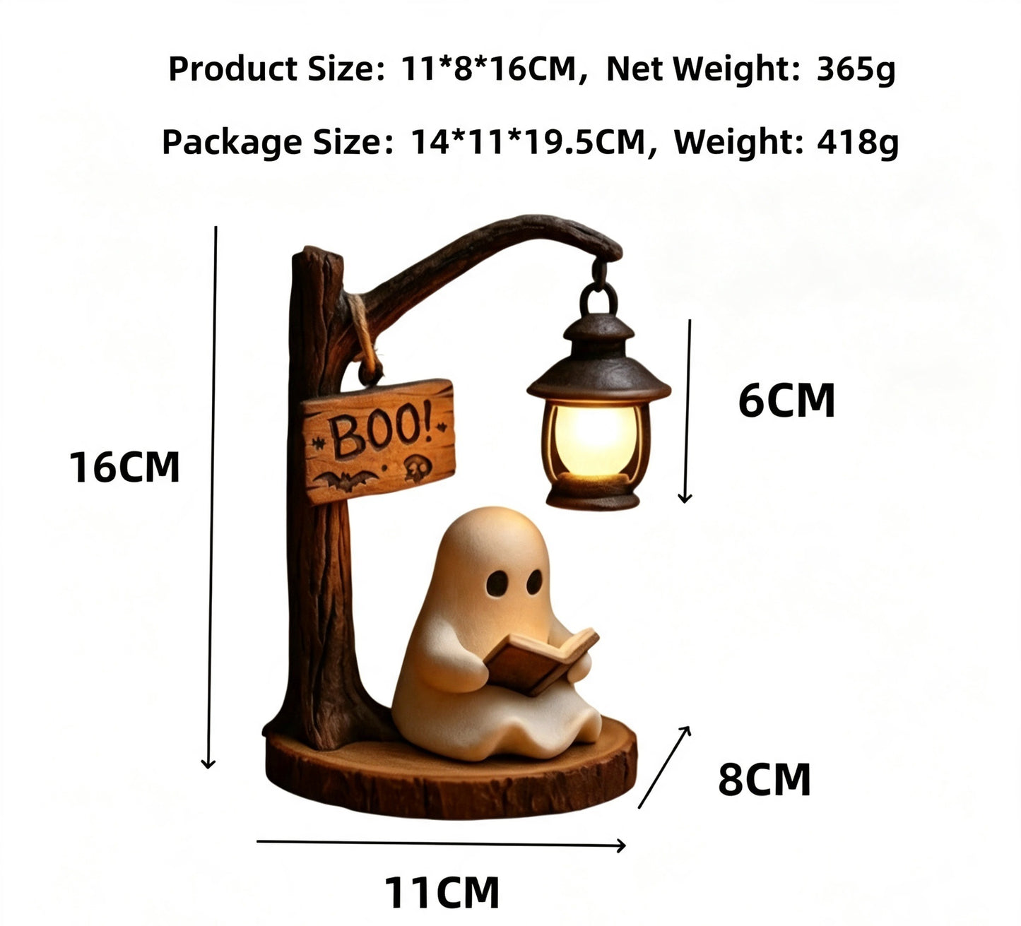 Ghost Reading Halloween Lantern Lamp,  Spooky Resin Desk Ornament, Warm Night Light,  Unique Gift for Book Lovers & Halloween Home Decor