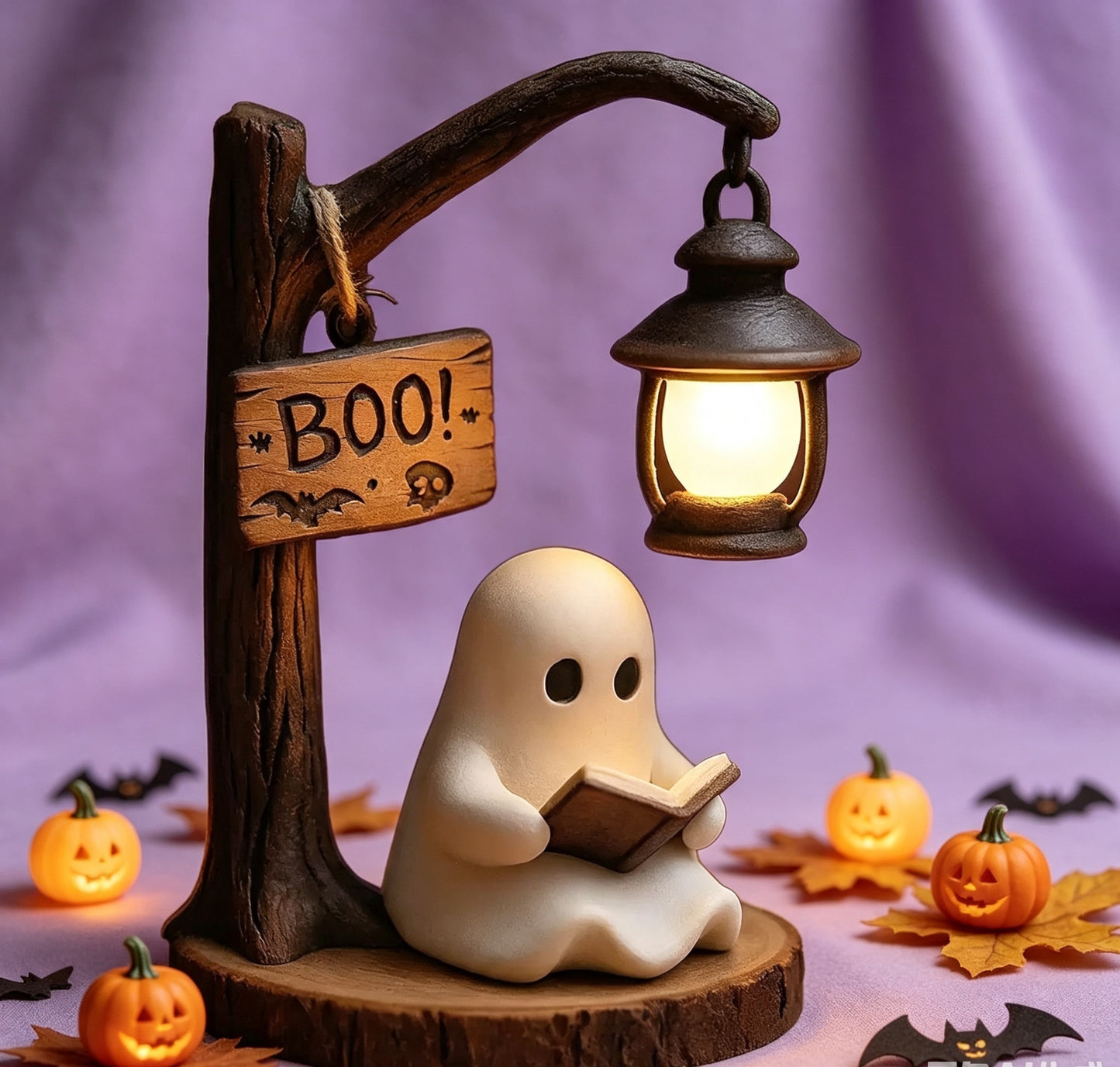 Ghost Reading Halloween Lantern Lamp,  Spooky Resin Desk Ornament, Warm Night Light,  Unique Gift for Book Lovers & Halloween Home Decor