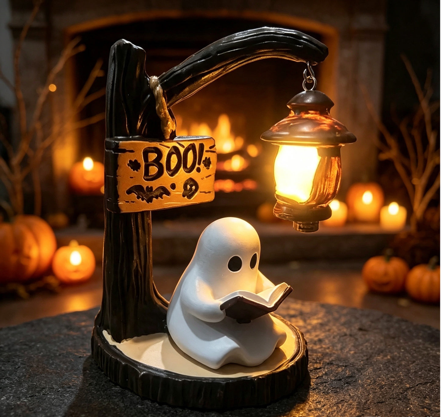 Ghost Reading Halloween Lantern Lamp,  Spooky Resin Desk Ornament, Warm Night Light,  Unique Gift for Book Lovers & Halloween Home Decor