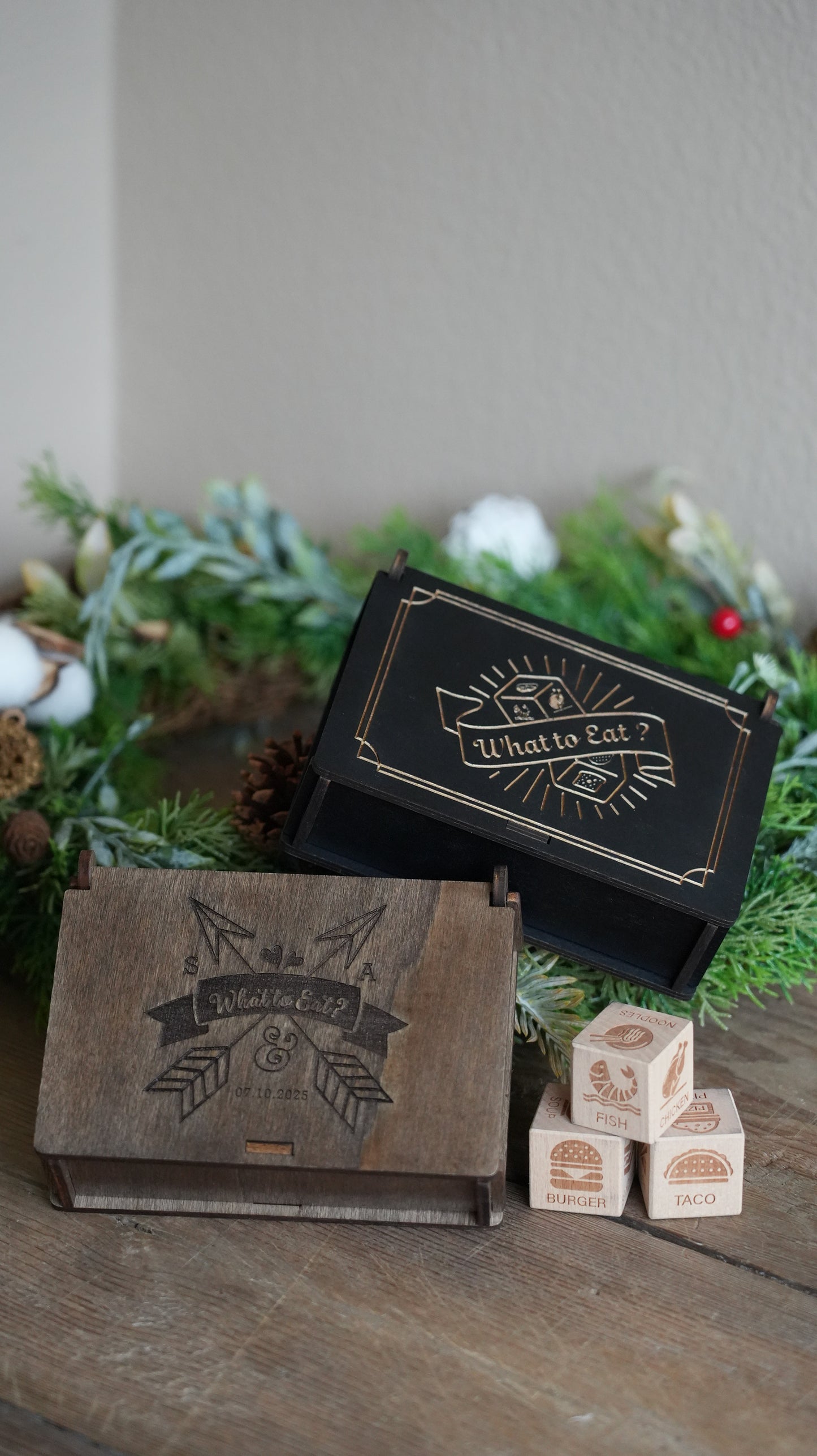 Personalized Decision Dice Set With Box,WoodenDice With Box,What To Eat Dice,Couples Dinner Idea Dice,12 Food Options Dice&;