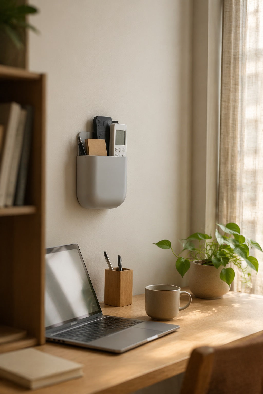 Wall Mount Adhesive Phone & Remote Holder,  Self Stick Storage Pocket for Bedroom & Living  Room Decor