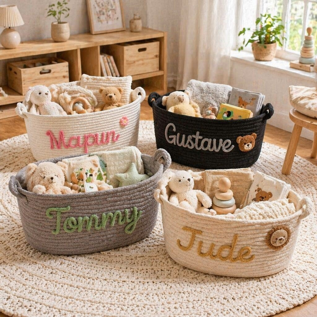 Personalized Rope Baby Storage Basket,  Custom Nursery Organizer Bin, Baby Shower  Gift Basket for Neutral Nursery Decor