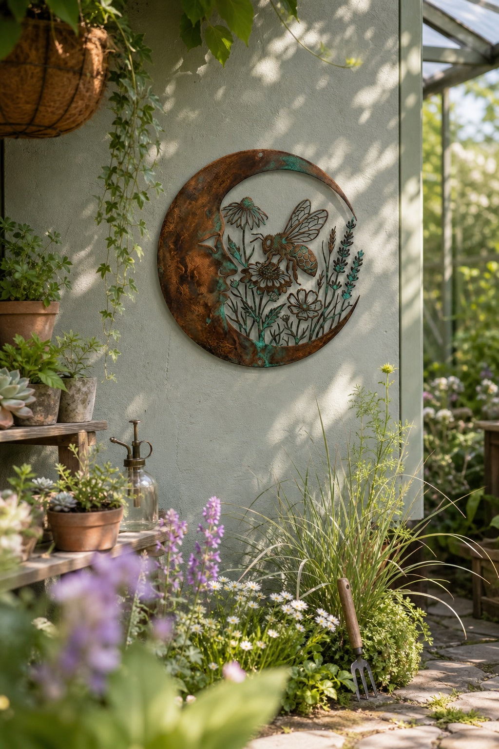 Crescent Moon & Bee Metal Wall Sign,  Wildflower Floral Garden Art, Rustic Weatherproof  Outdoor Hanging Wall Decor for Patio Yard Porch