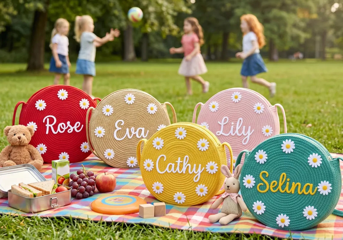 Personalized Kids Crossbody Bag, Custom Woven Daisy Purse, Flower Girl Gift, Toddler Girl Purse, Embroidered Round Bag, Little Girl Gift