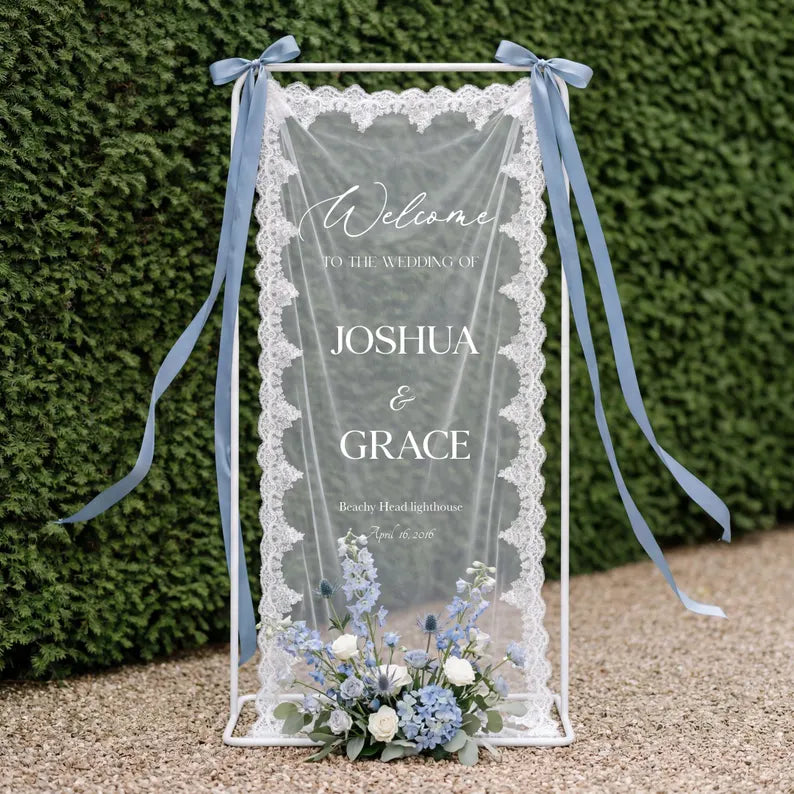 Custom Fabric Welcome Sign, Vintage Tulle Wedding Banner, Dusty Blue Wedding Welcome Sign for Bridal Shower & Engagement Party